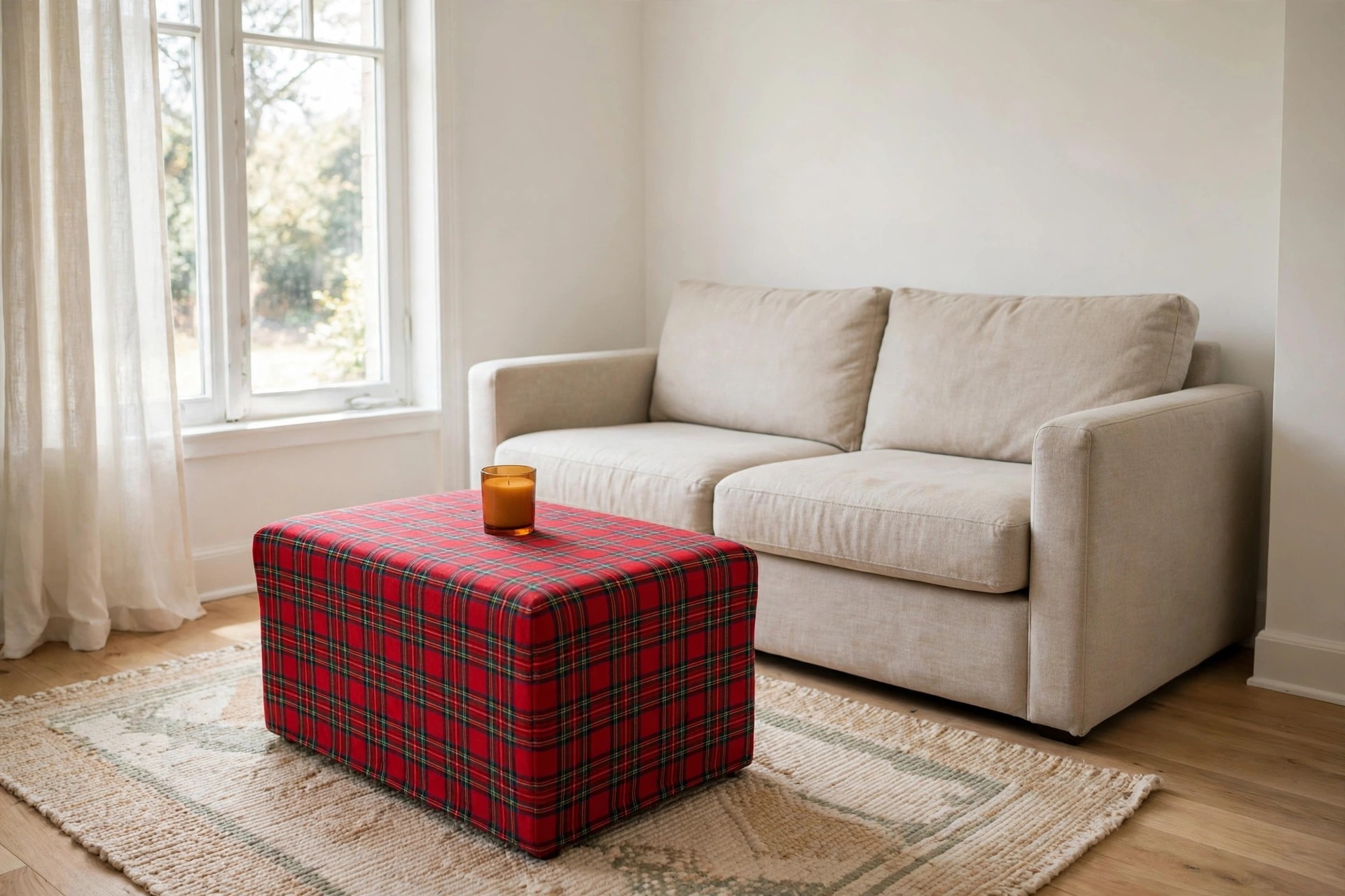 Red plaid storage ottoman with one amber candle on top in front of a beige sofa