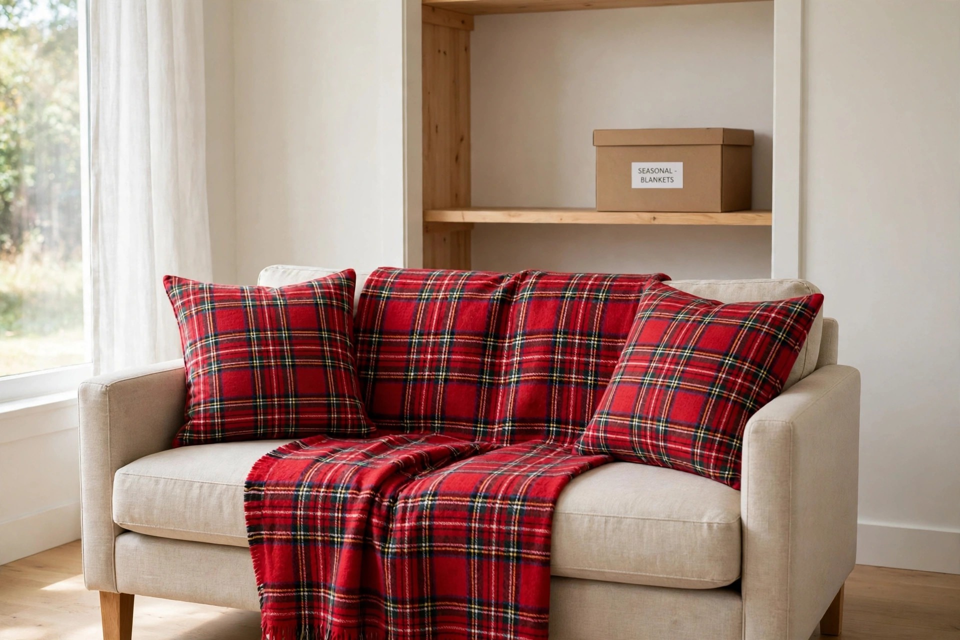 Sofa dressed in red plaid pillows and a throw, with a labeled seasonal blankets box on a closet shelf behind it