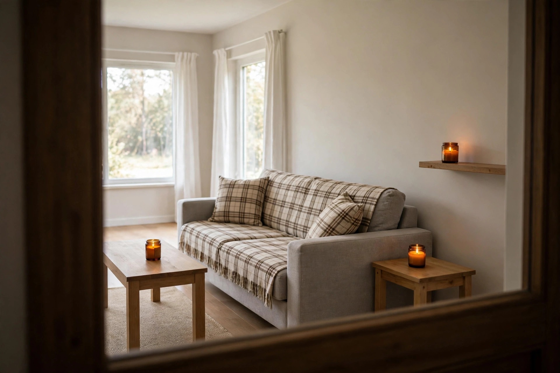 View from a doorway of a small living room with plaid only on the sofa and amber candles glowing in three spots