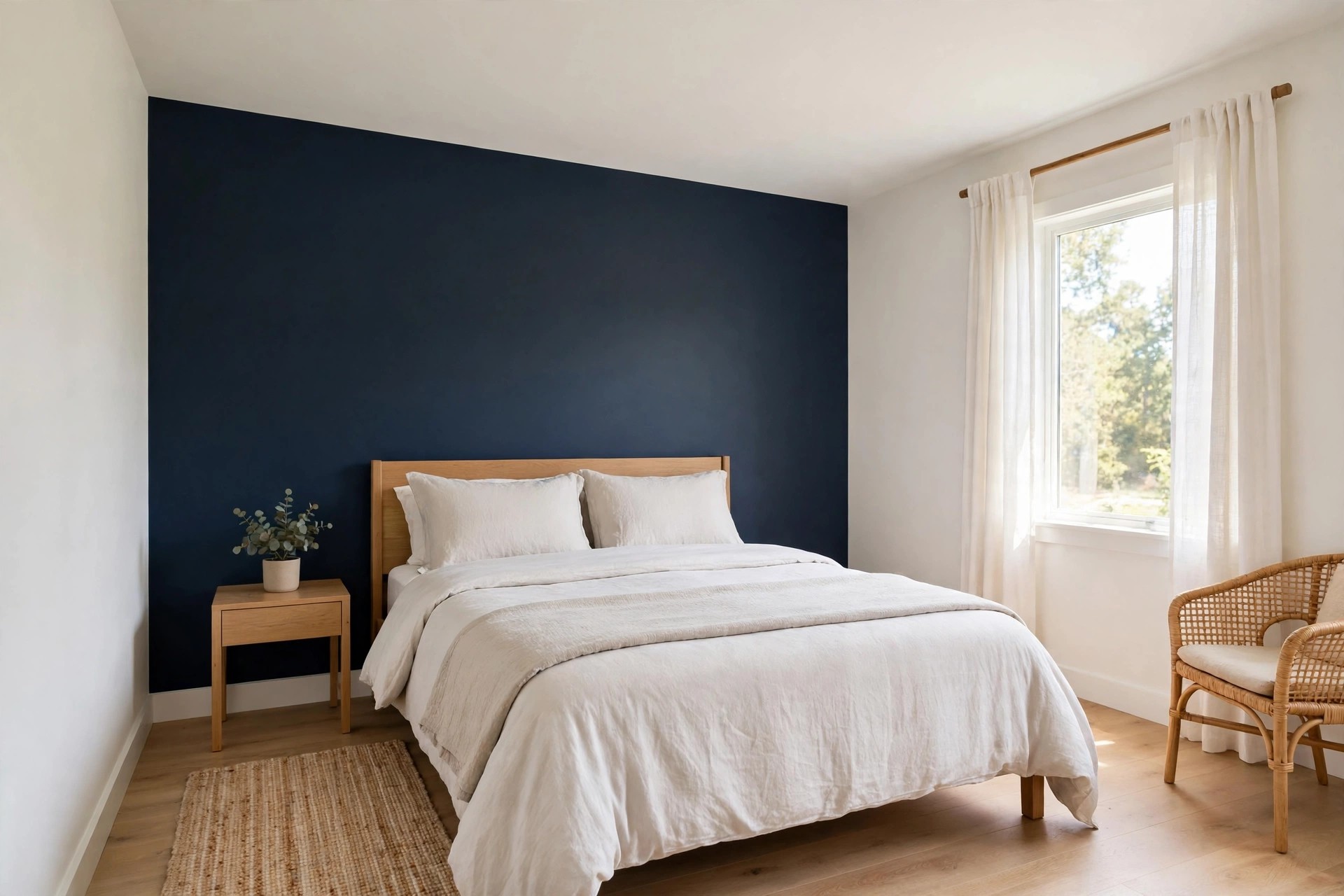 Teen bedroom with one dark navy wall behind the bed, warm white side walls, a white ceiling and light bedding in daylight