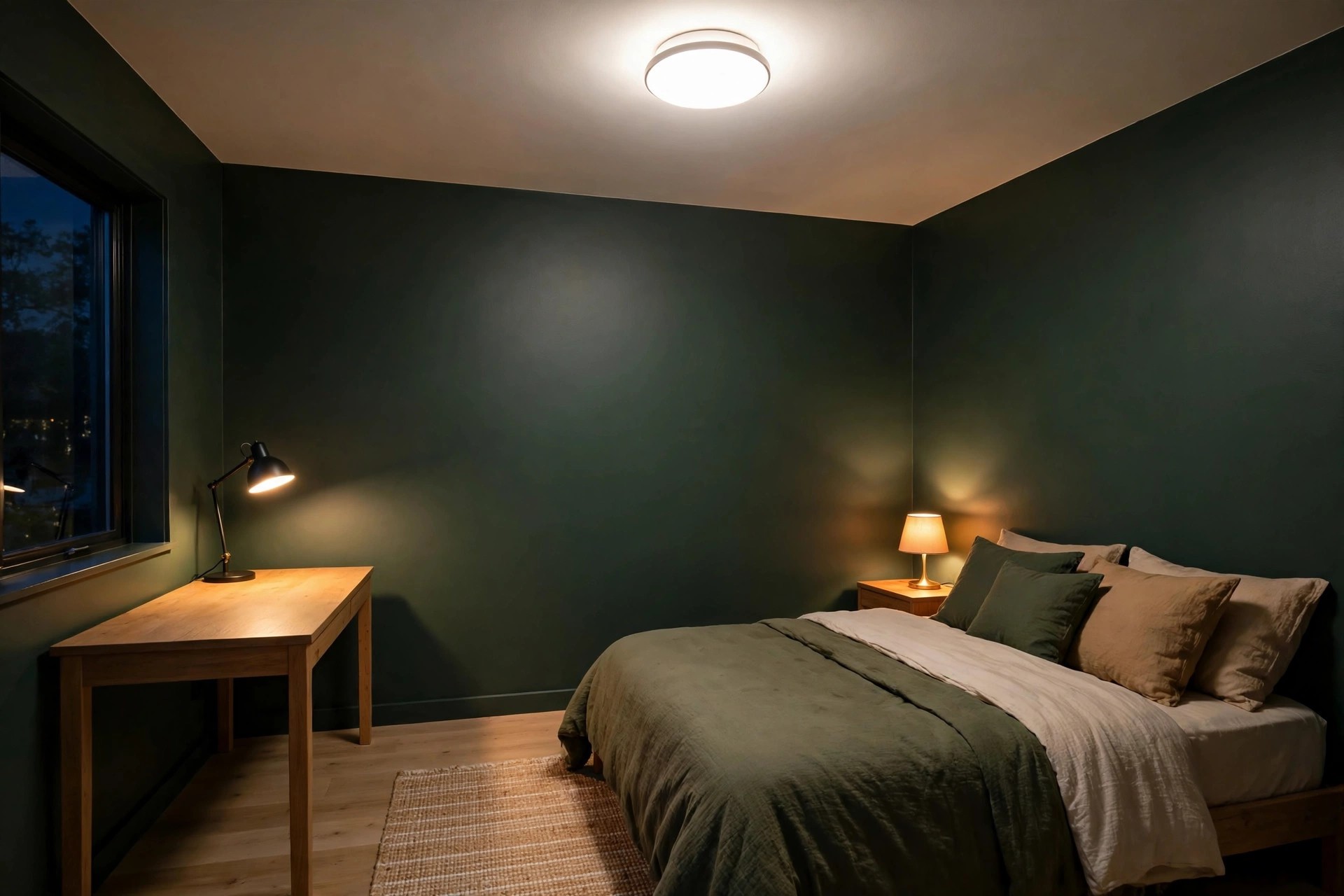 Deep green teen bedroom in the evening with a ceiling light, a desk lamp and a low warm bedside lamp all on