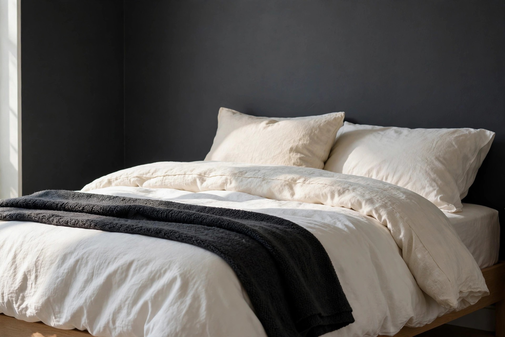 Bed with white and cream bedding and one dark throw at the foot, set against a charcoal wall