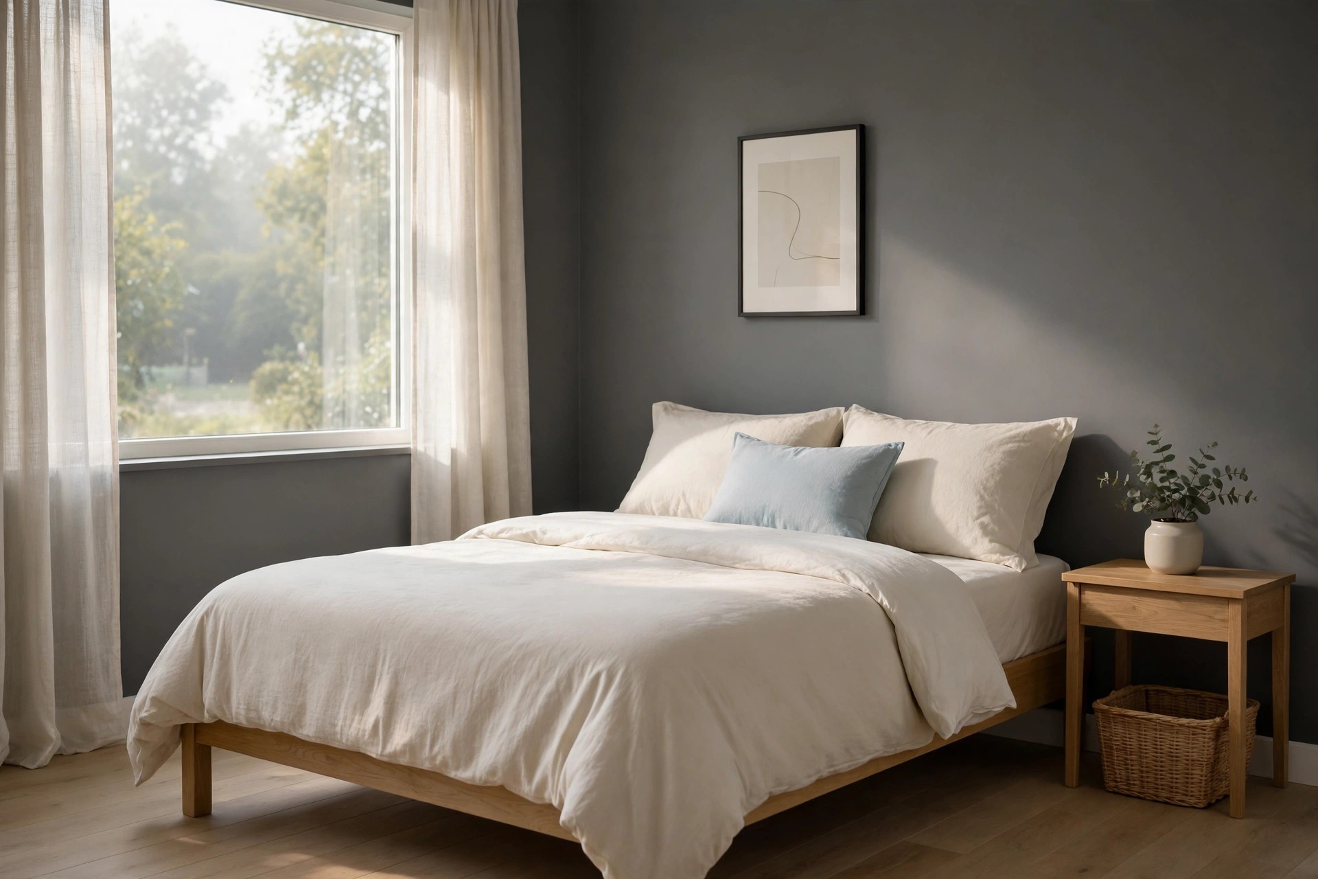 Teen bedroom with soft charcoal gray walls, cream bedding and one pale blue cushion, bright with morning light