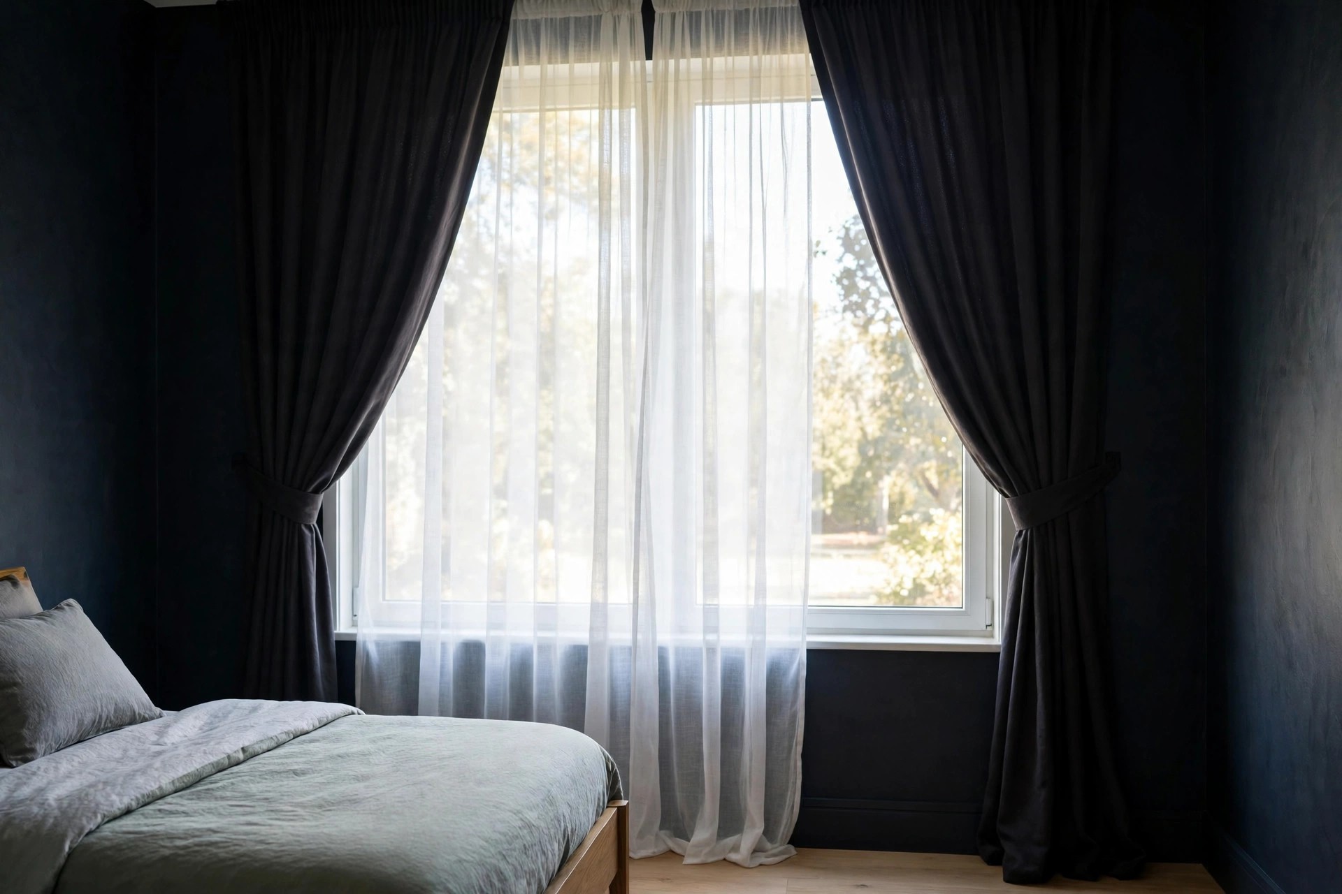 Dark walled bedroom window with white sheer curtains letting in daylight and heavy dark panels tied wide to the sides
