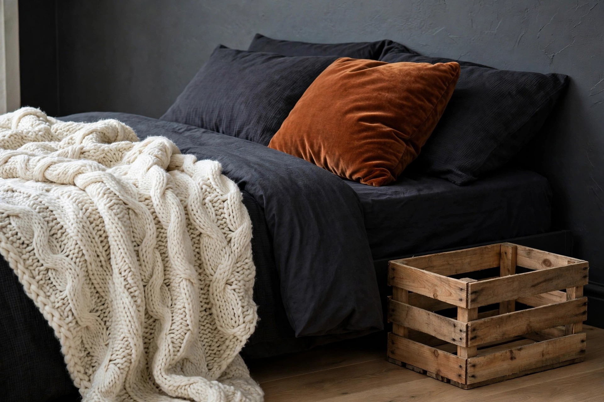 Dark bed with a chunky cream knit throw, one rust velvet cushion and a raw wood crate beside it against a charcoal wall