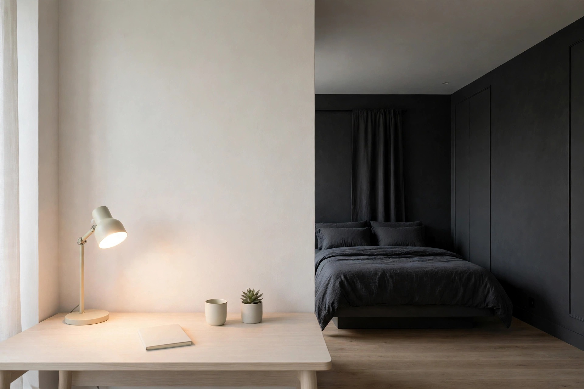 Dark teen bedroom split into a bright pale desk zone with a light wood desk and a lit task lamp in the foreground and a dark charcoal sleep zone with a bed behind it