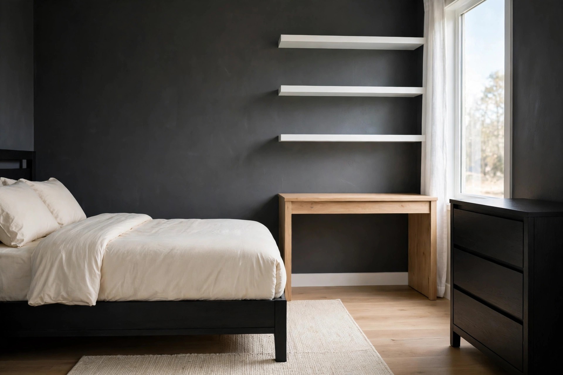 Charcoal walled bedroom where only the bed frame and dresser are dark, balanced by a light wood desk and white wall shelves