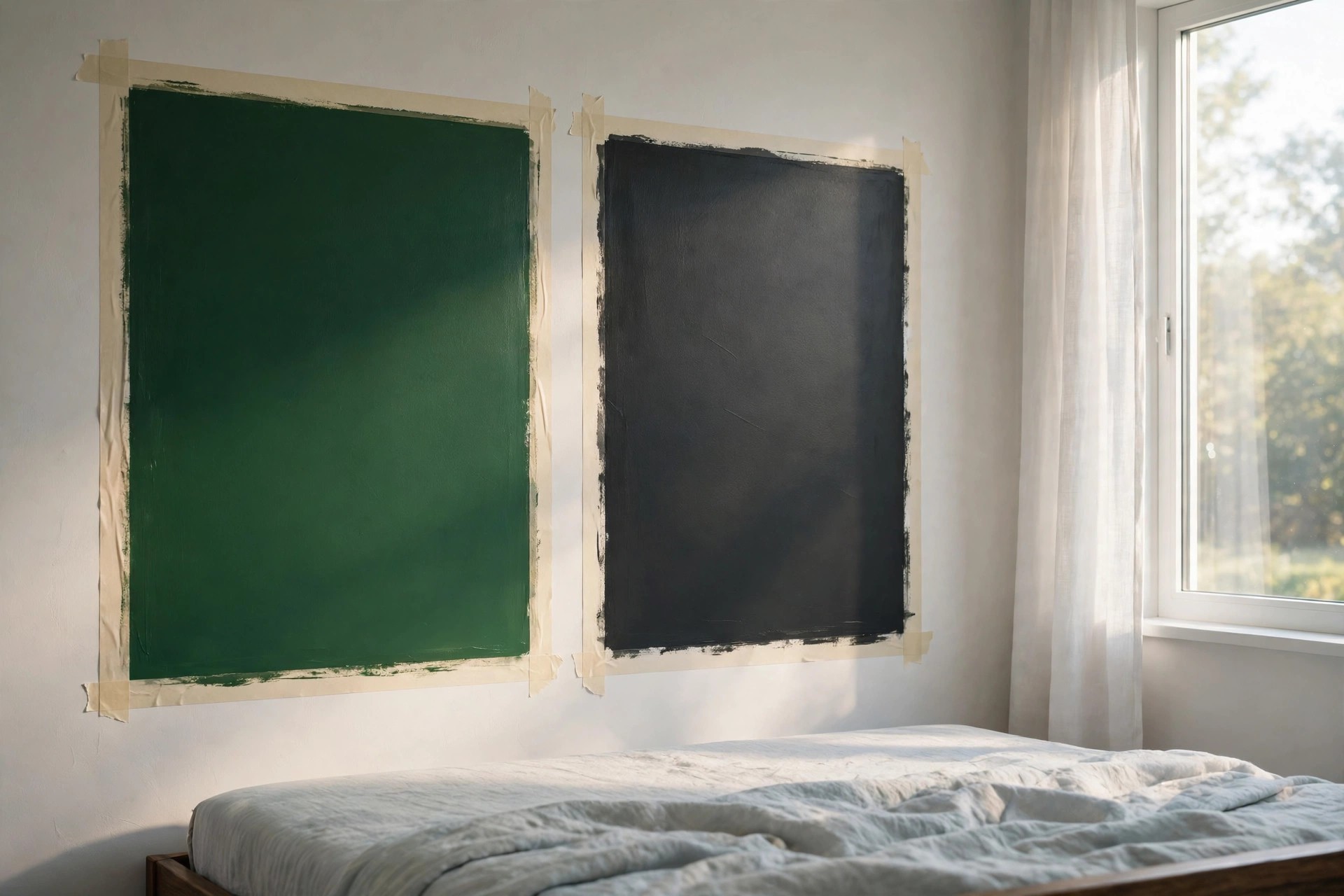 Two large taped paint test swatches, deep green and charcoal, on a white bedroom wall beside a sunny window above a bed