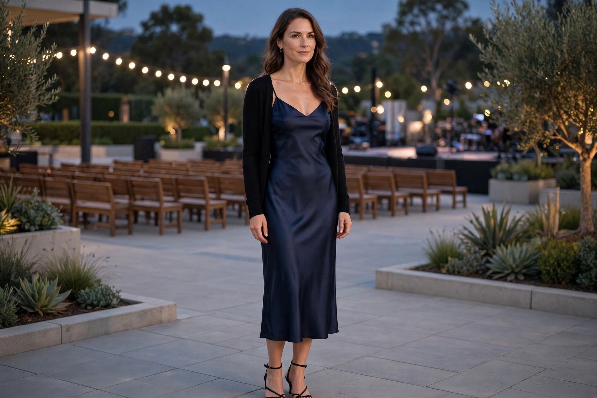 Woman with an hourglass figure in a navy satin slip dress with an open cardigan