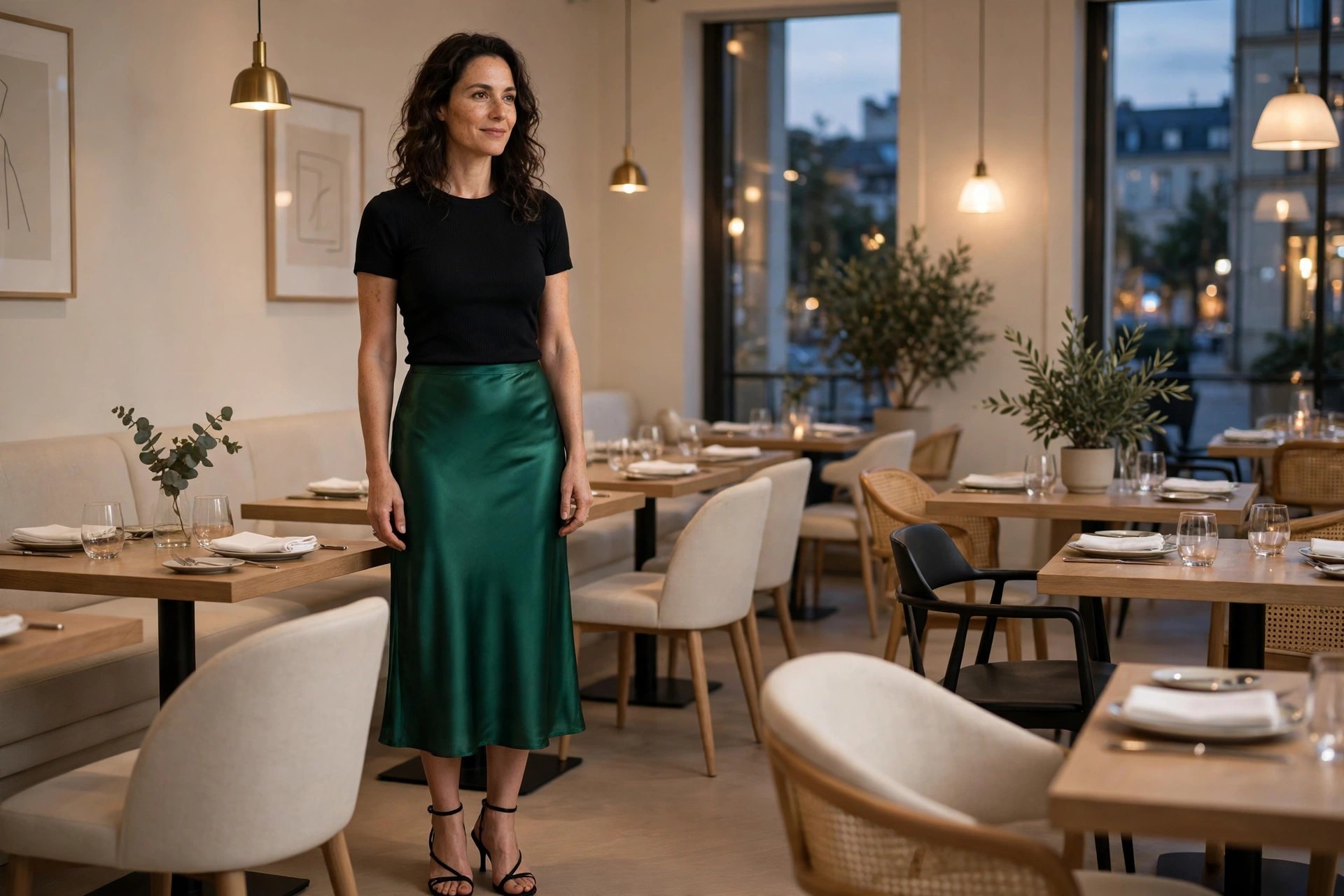 Woman with an hourglass shape in a black fitted top with an emerald green satin midi skirt in a restaurant