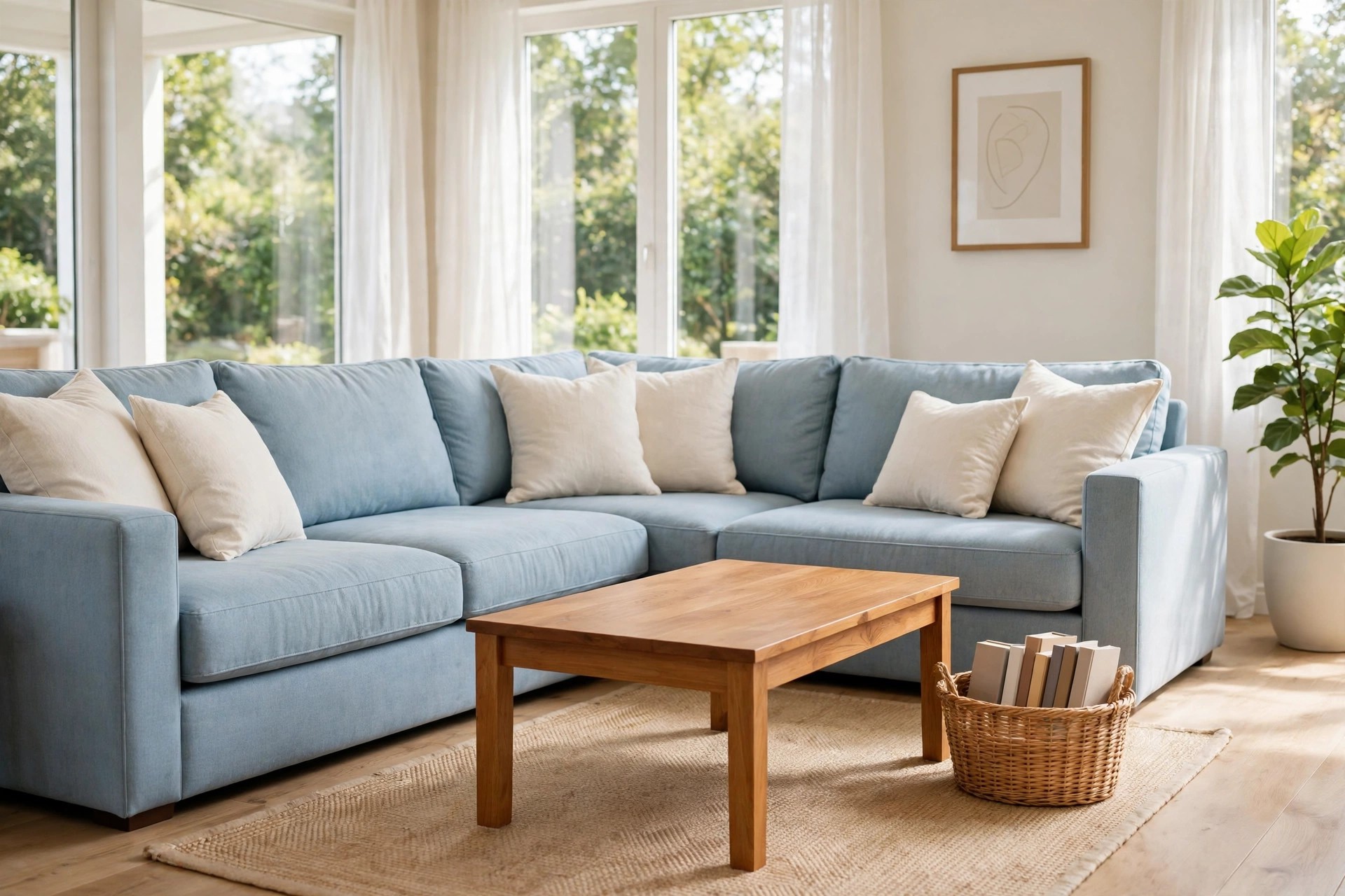 Light wash pale denim sectional sofa with cream cushions, a wooden coffee table, and a woven basket of books beside it in front of bright windows