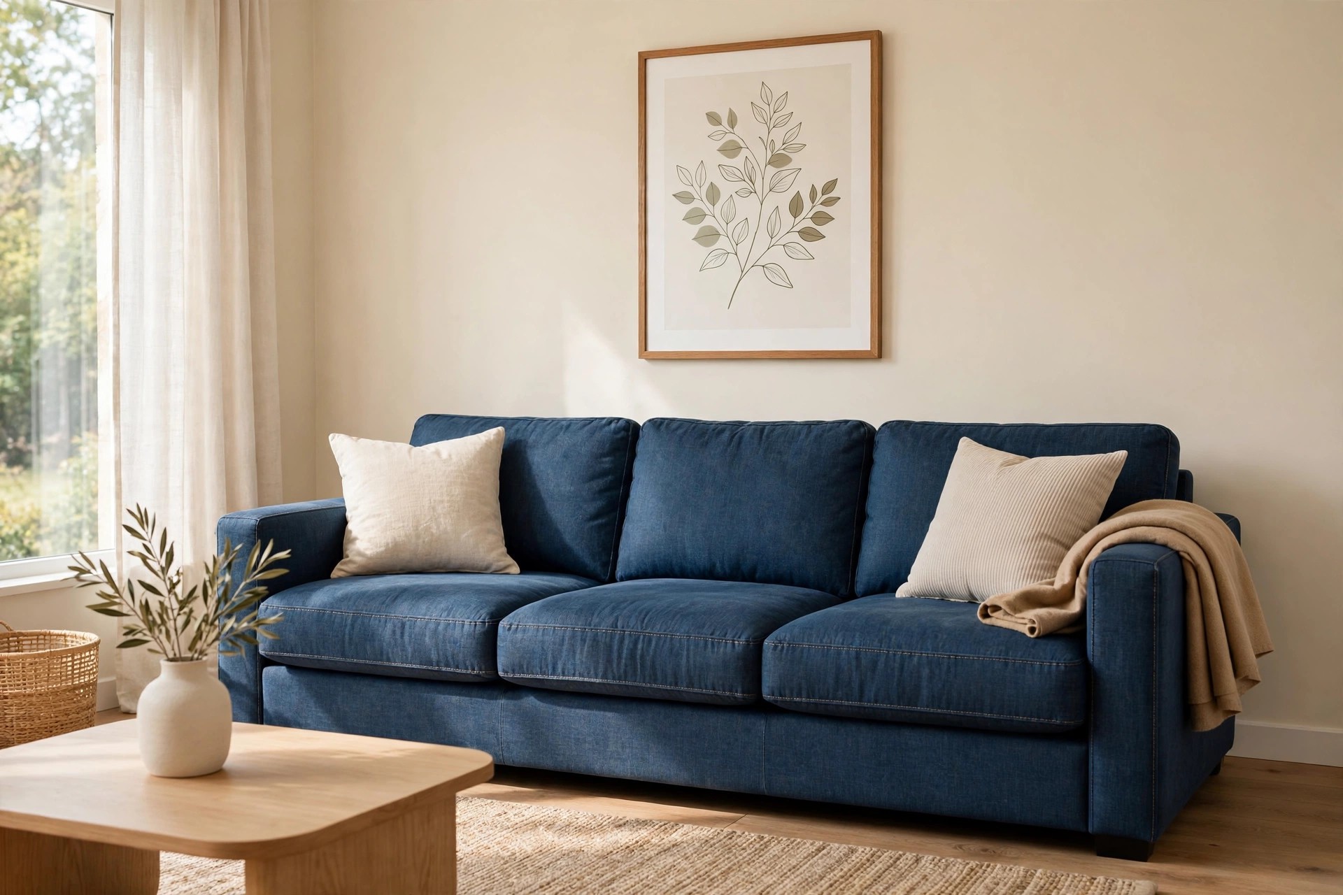 Deep indigo denim sofa against a warm cream wall with a large botanical framed print above it, cream cushions, a tan throw over one arm, and a light wood coffee table in front