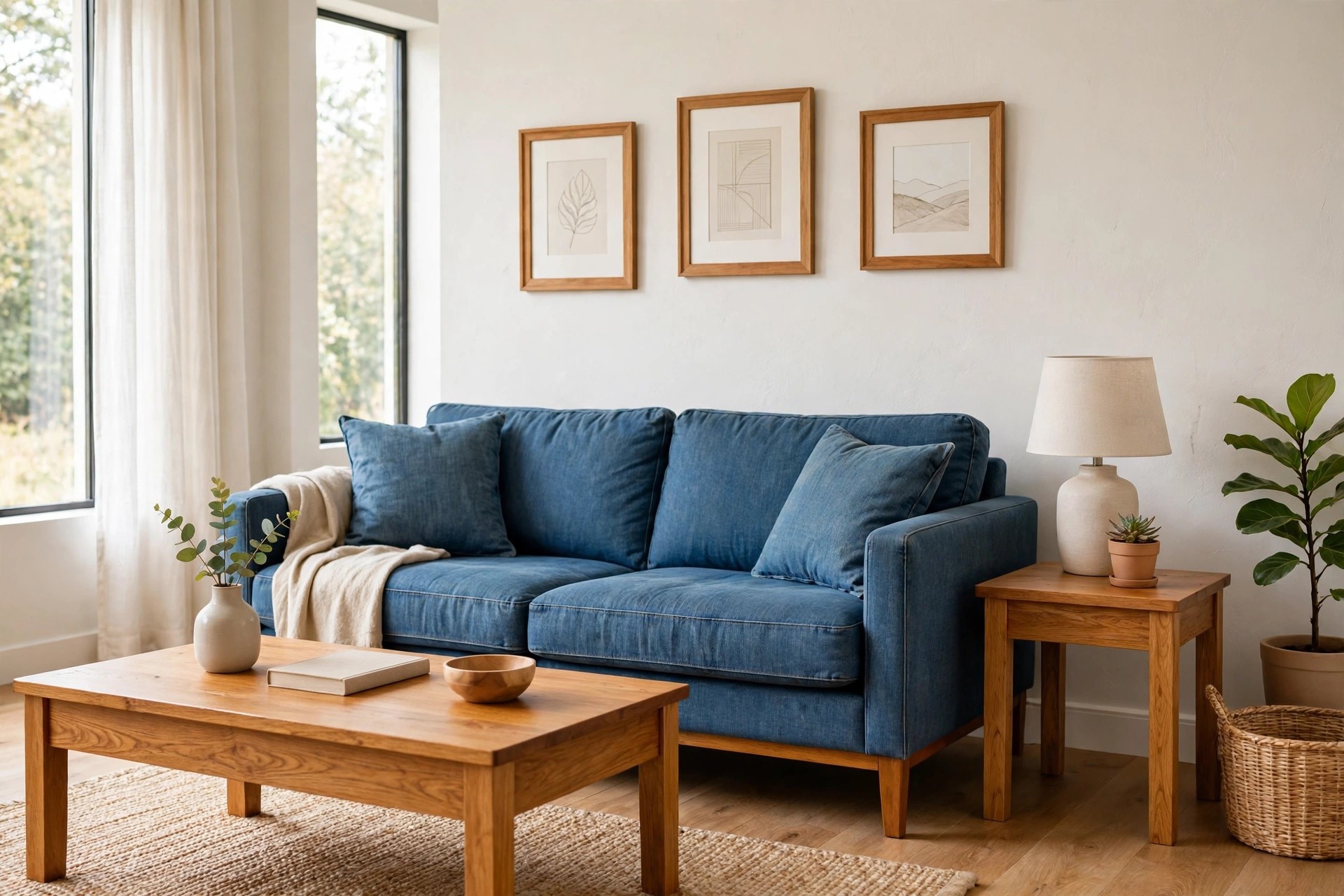 Denim blue sofa with matching denim cushions, a warm wood coffee table and a wood side table with a lamp, and three wood framed prints above the sofa