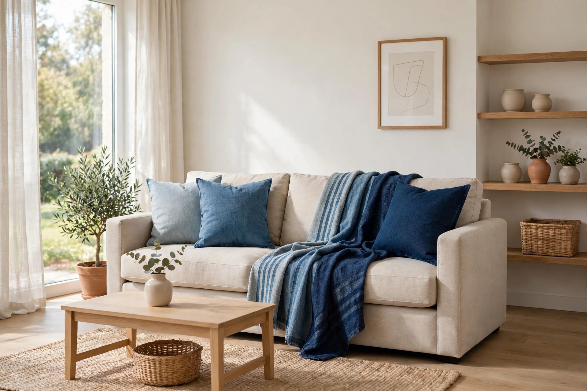 Cream sofa with light wash, mid denim, and indigo cushions and a striped denim throw, with wood shelves holding pots at the side