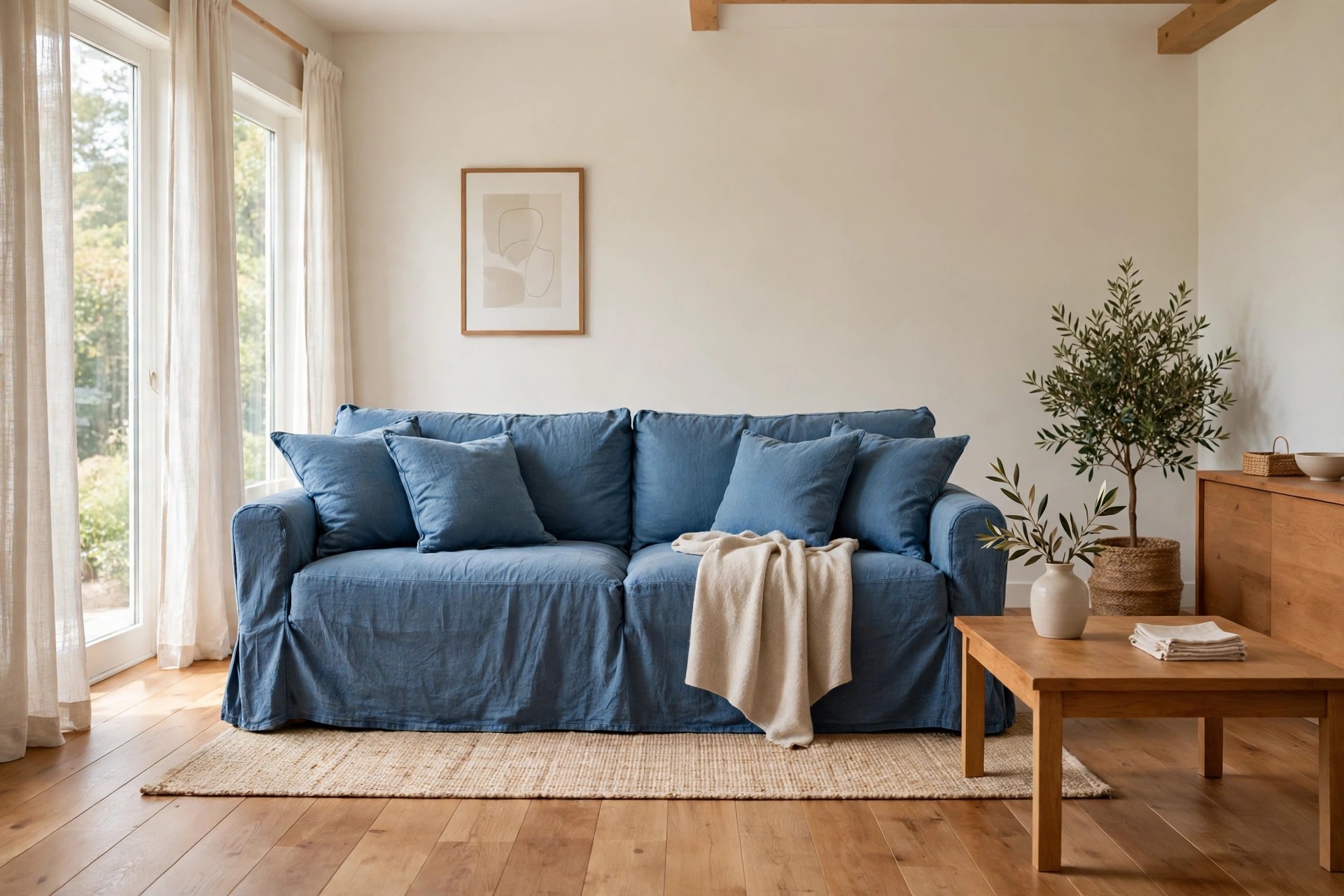 Mid denim slipcover style sofa with matching cushions and a cream throw, on a woven rug over a wood floor with a wood coffee table nearby