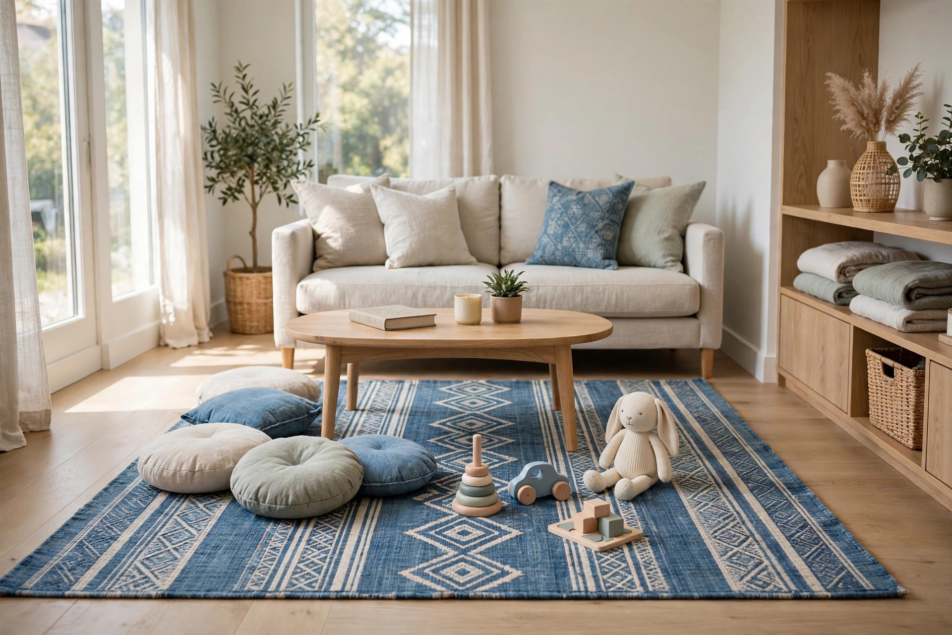 Large patterned denim blue rug with floor cushions and small wooden toys in front of a cream sofa and a round wood coffee table