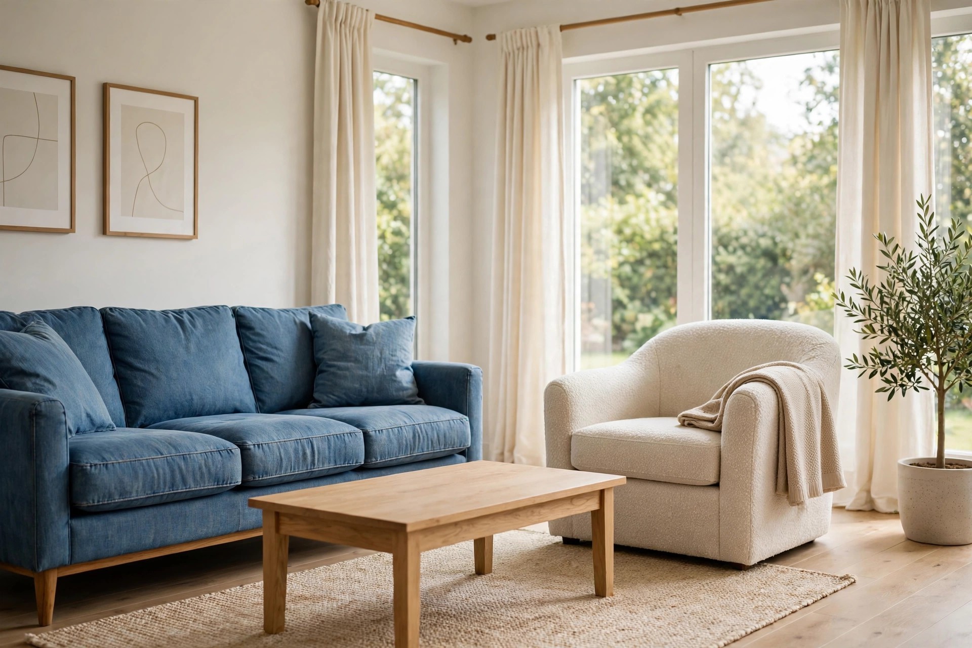 Denim blue sofa beside an oatmeal textured armchair with a beige throw, cream curtains at large windows, and a wood coffee table between the seats