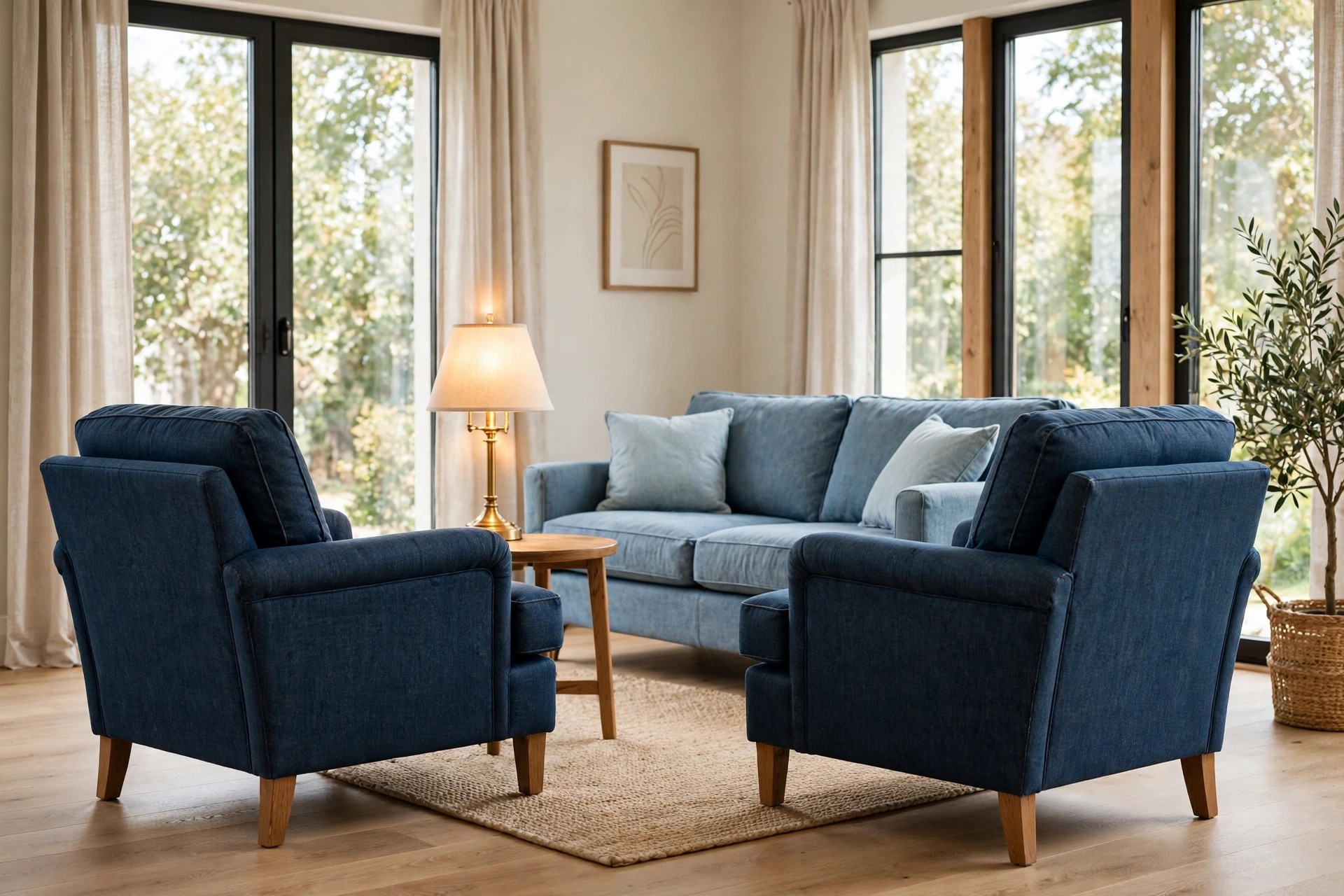 Two dark denim armchairs facing a light denim sofa, with a small round wood table and a lit brass lamp between the armchairs