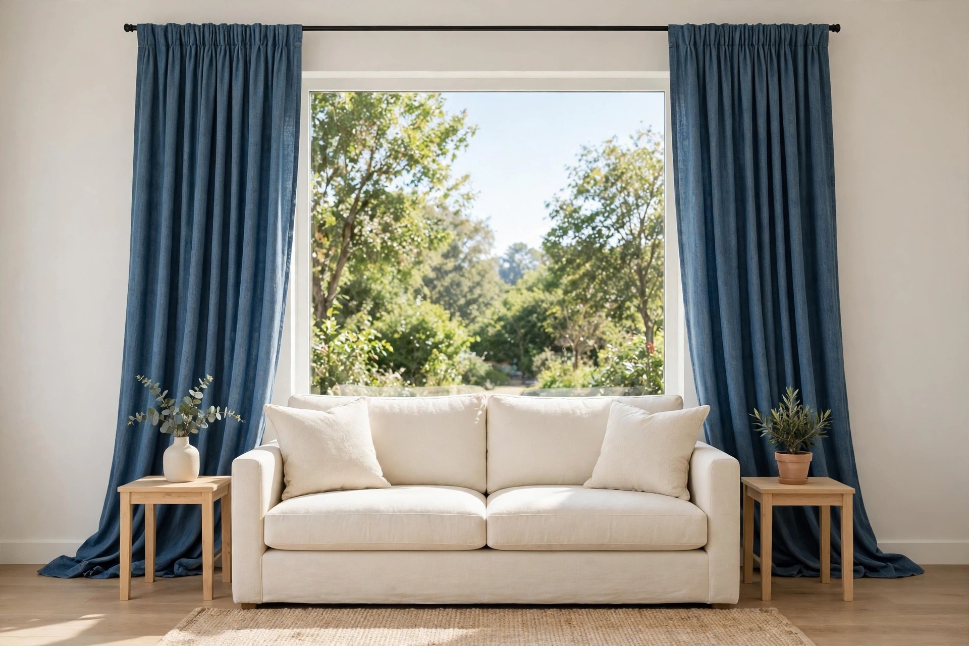 Cream sofa in front of a large window framed by tall denim blue curtains, with two small wood side tables holding plants