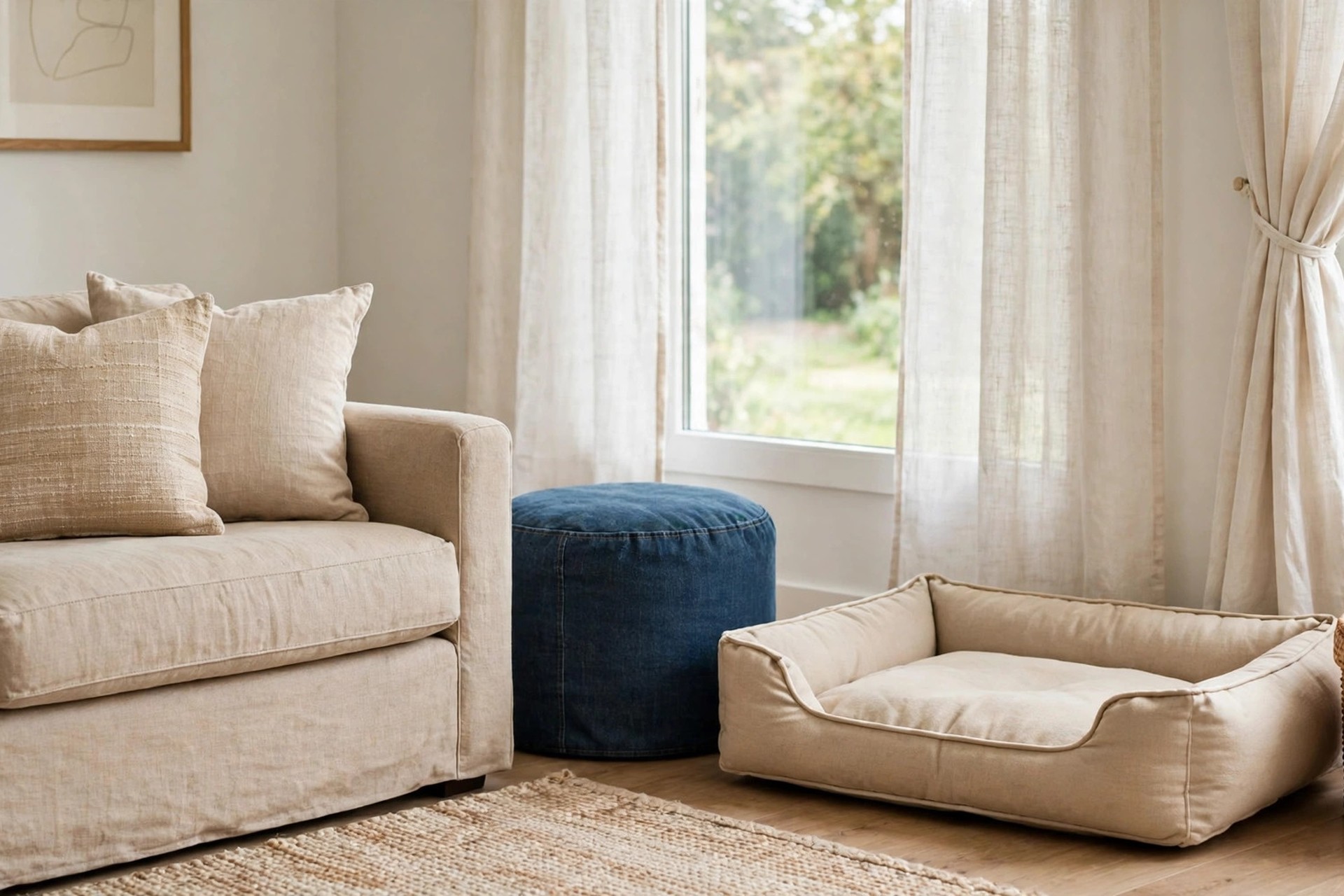 Beige sofa beside a dark denim round ottoman and a cream pet bed on a wood floor by a window with sheer curtains