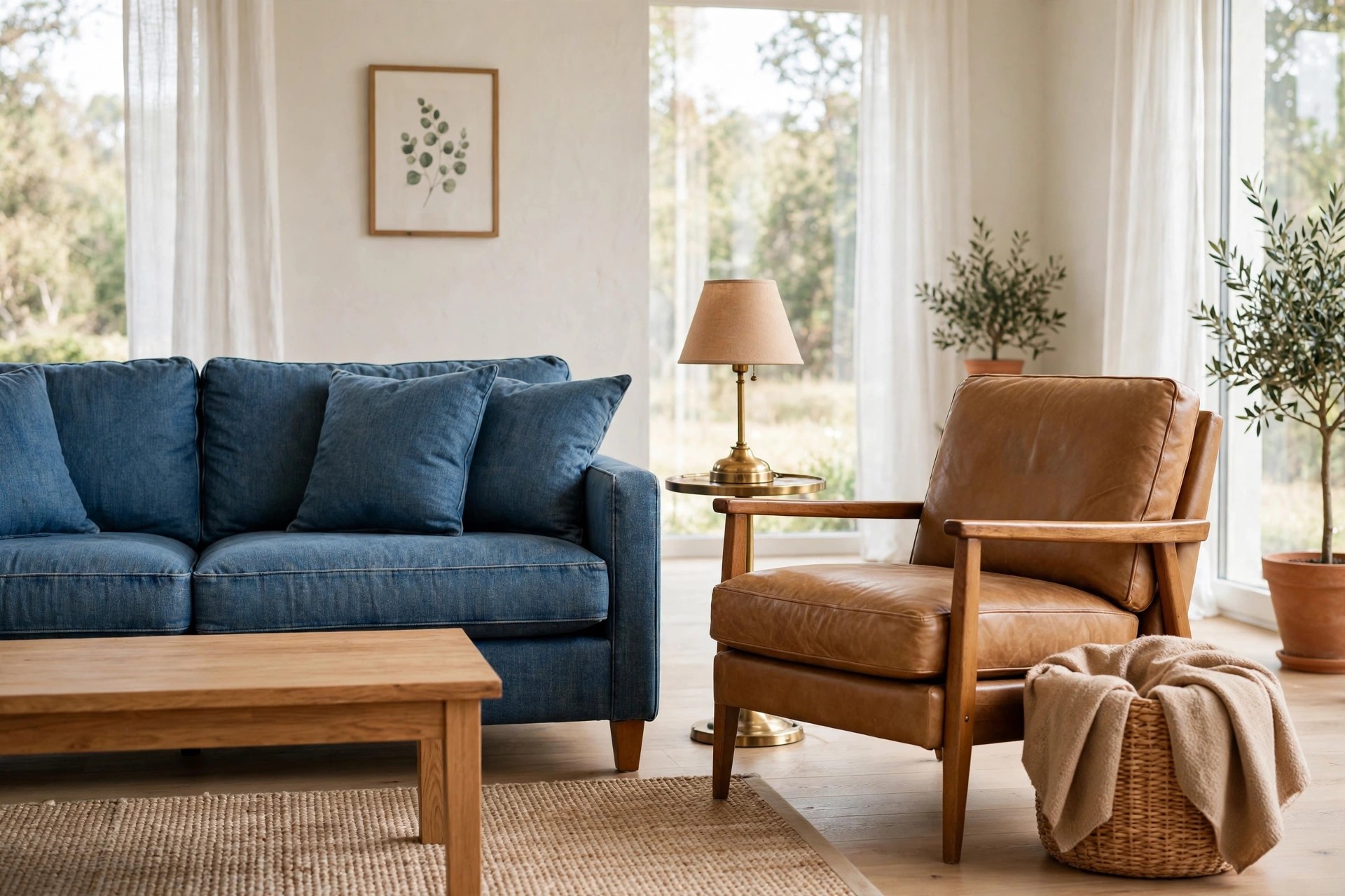 Denim blue sofa beside a tan leather armchair, a brass table lamp on a small side table, and a woven basket with a beige throw