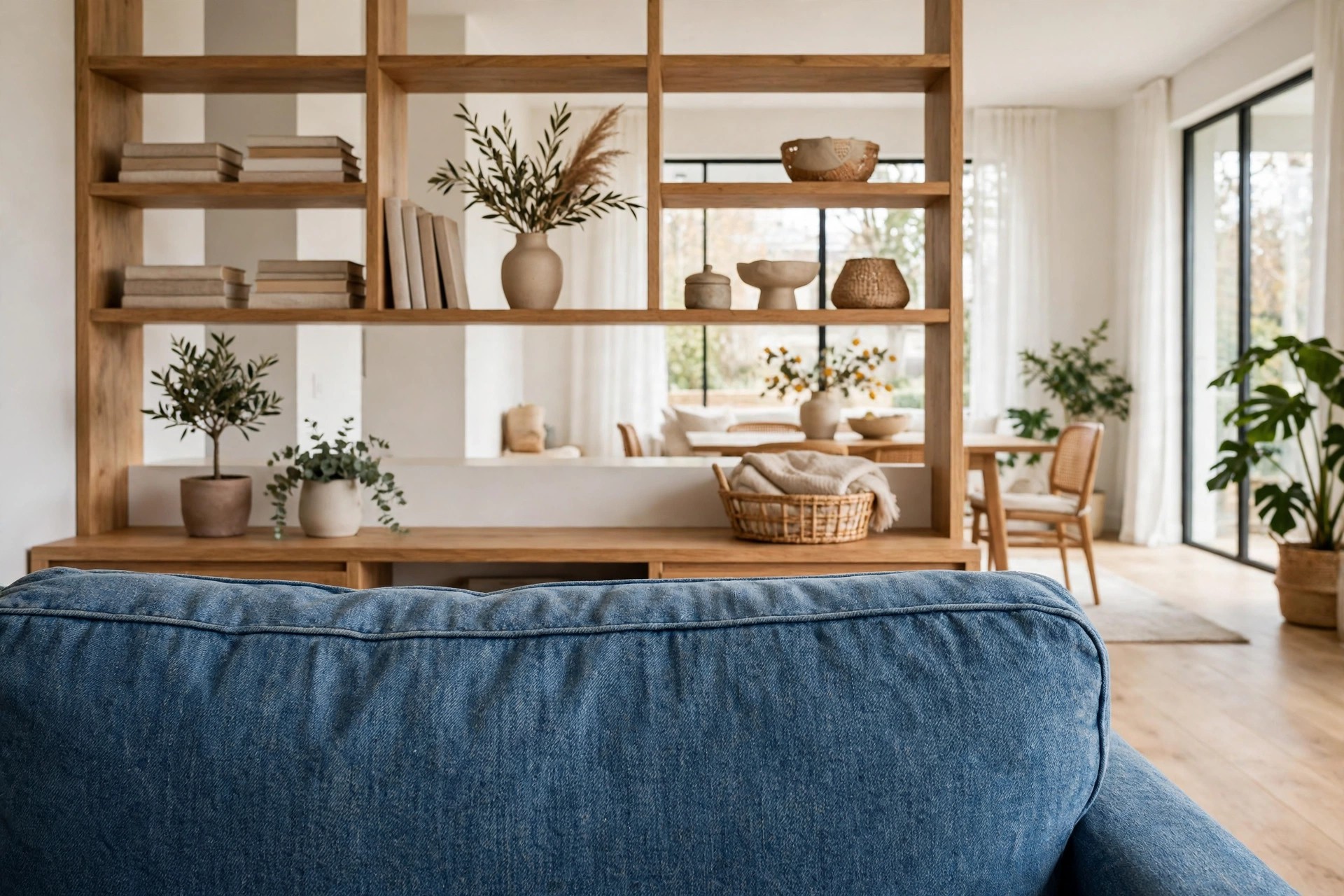 Back of a denim blue sofa in the foreground with open wood shelving holding books, vases, and plants behind it and a dining area beyond