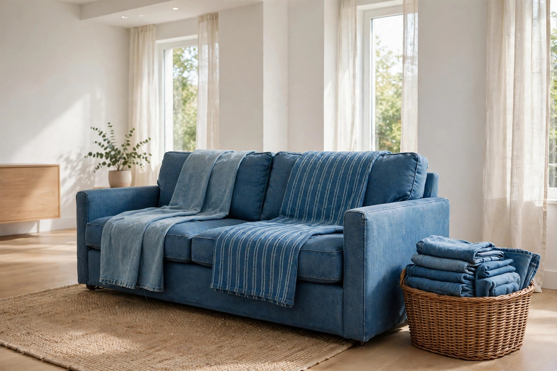 Denim blue sofa with a plain light denim throw and a striped denim throw, and a woven basket of folded denim throws beside it