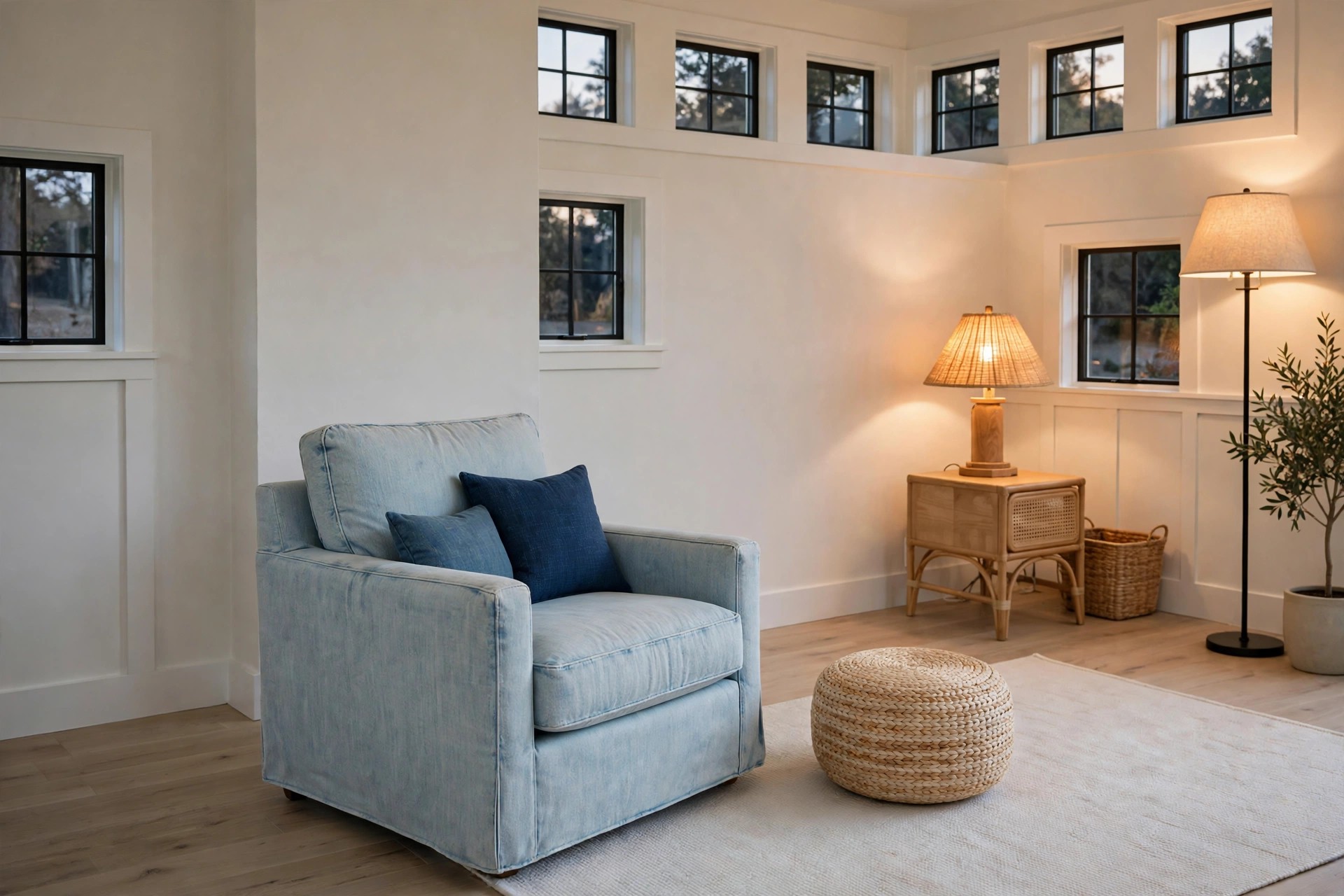 Light wash denim armchair with mid denim and indigo cushions on a pale rug, a woven pouf in front, and warm table and floor lamps in the corner