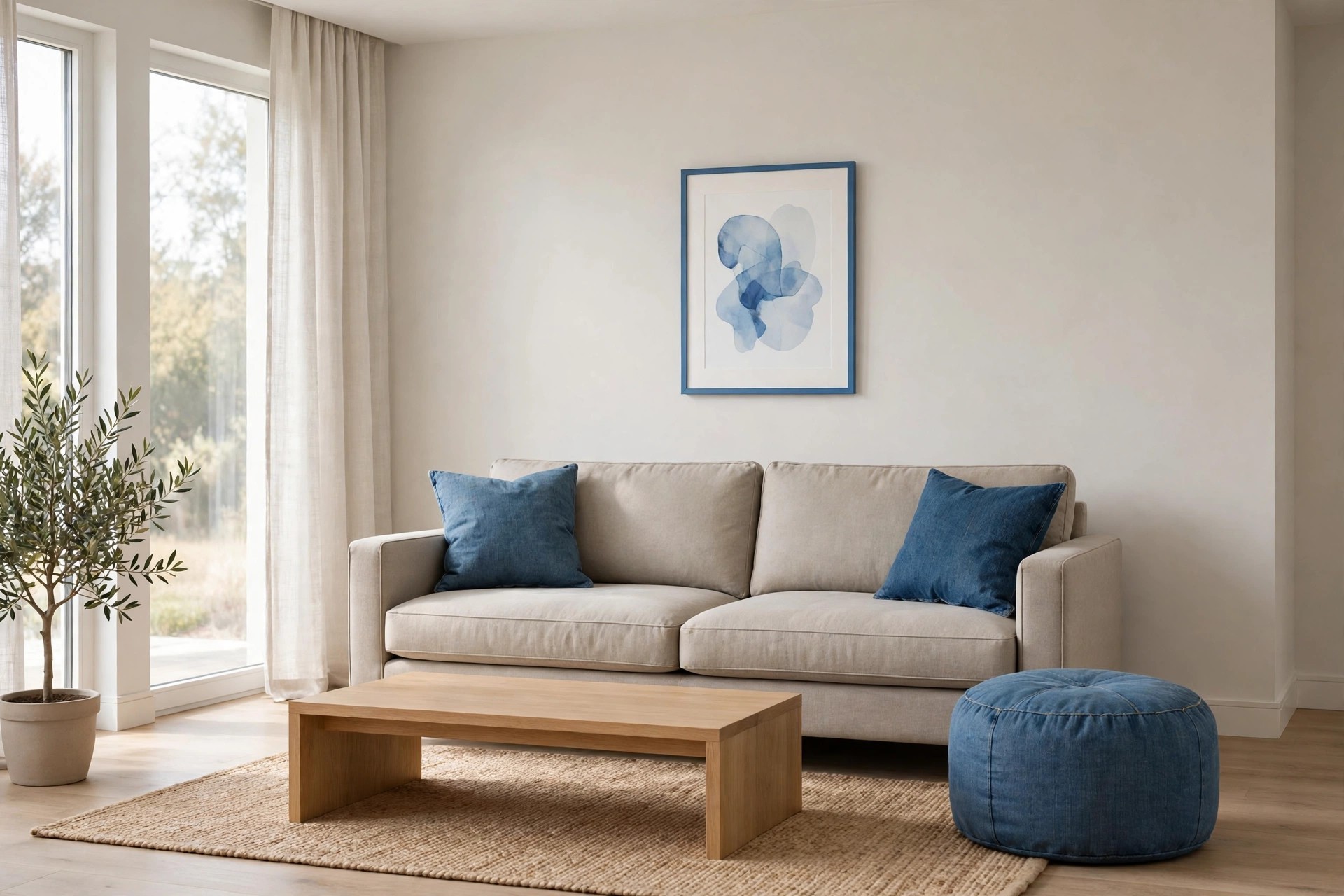 Beige sofa with two denim cushions, a denim blue pouf beside a wood coffee table, and a blue abstract framed print above the sofa