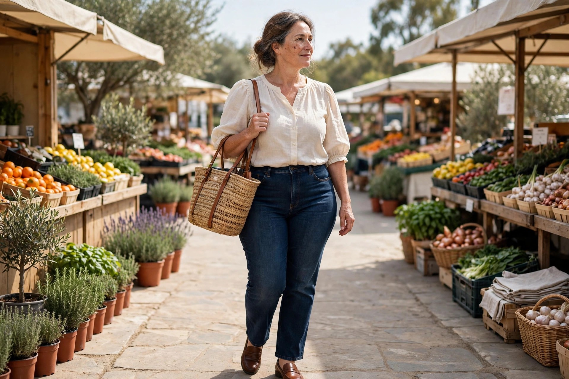 Woman wearing a cream puff sleeve blouse, dark straight jeans, brown loafers and a woven tote at a farmers market