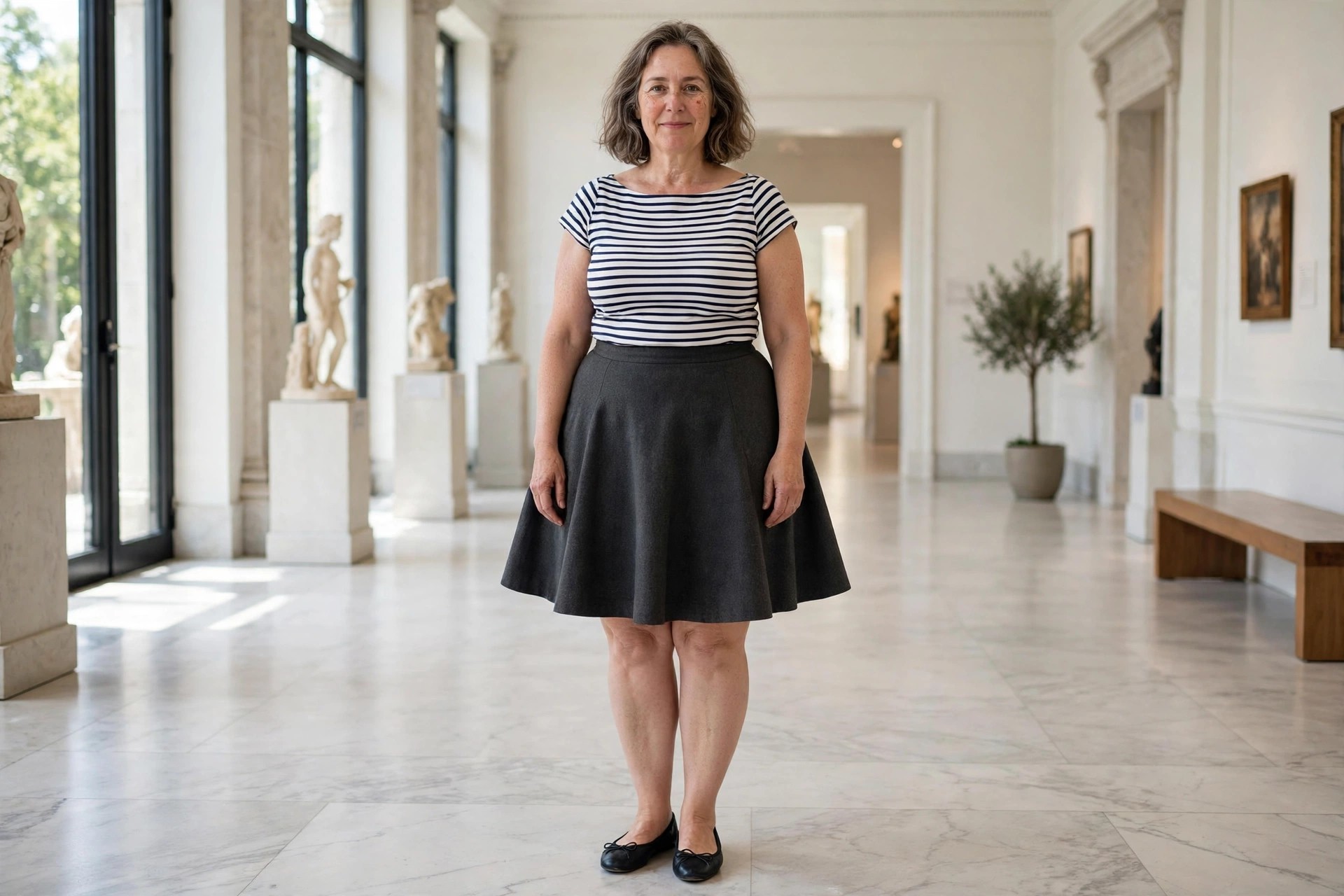 Woman wearing a navy and white striped boat neck top, a charcoal A-line skirt and black ballet flats in a museum hall