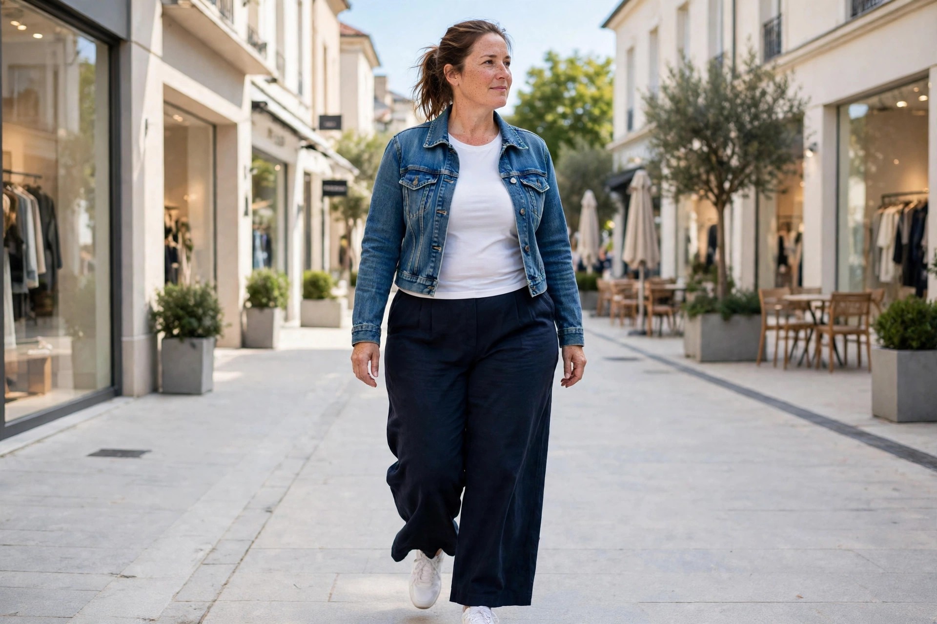 Woman wearing a cropped denim jacket over a white tee, dark navy wide leg pants and white sneakers on a shopping street
