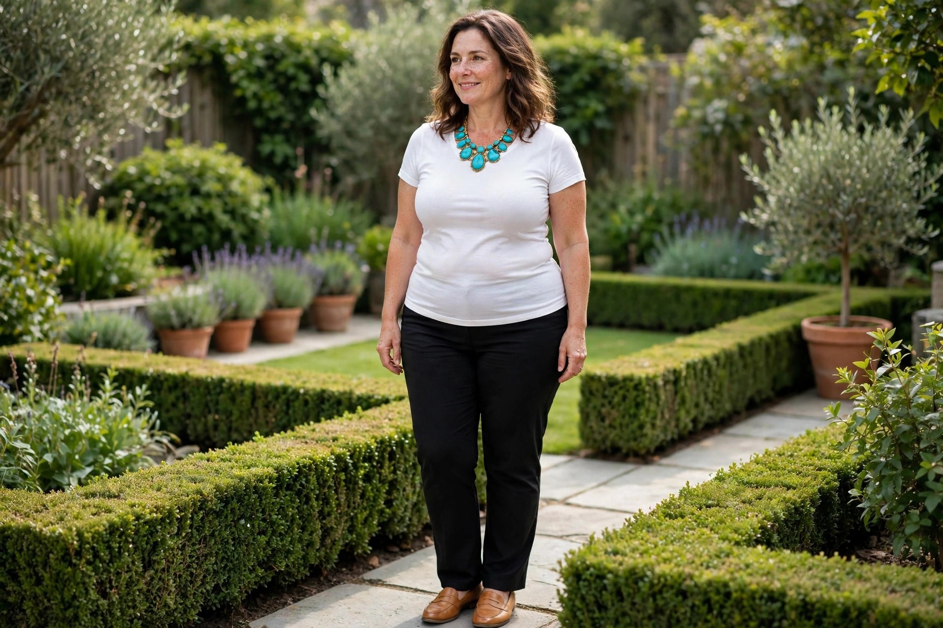 Woman wearing a white tee with a bold turquoise necklace, black straight pants and tan loafers in a garden