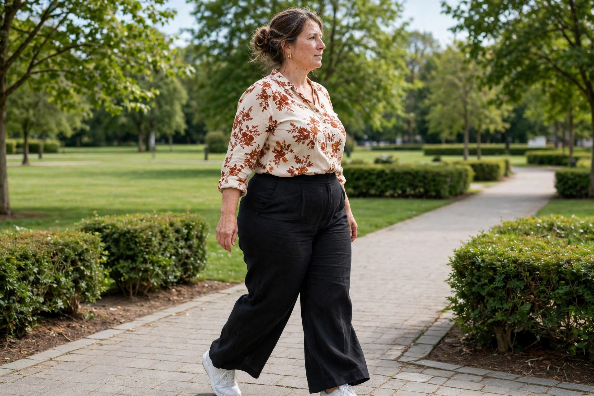 Woman wearing a cream and rust floral blouse, black wide leg trousers and white sneakers on a park path