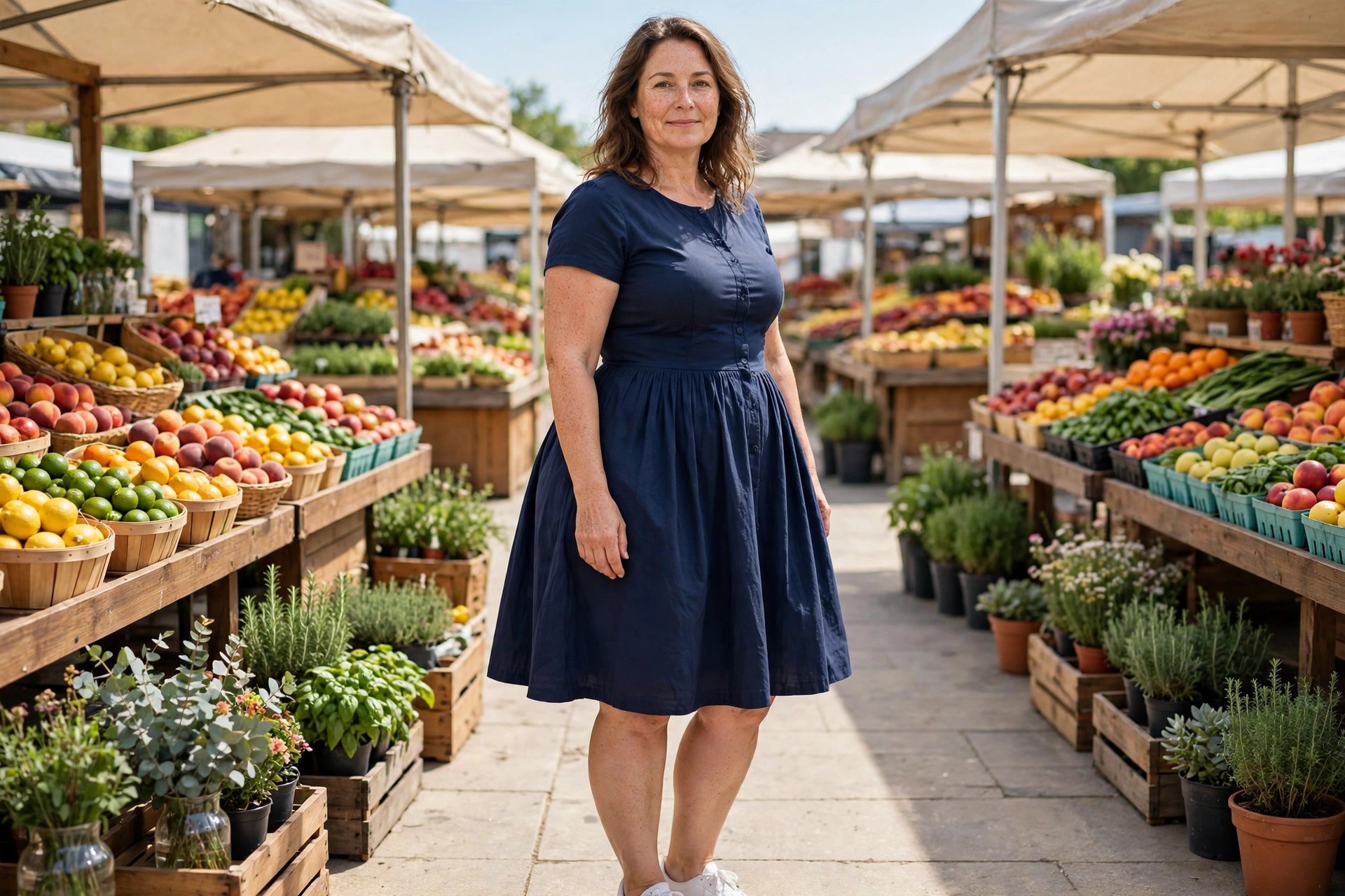 Woman wearing a navy fit and flare knee length dress and white sneakers at a farmers market