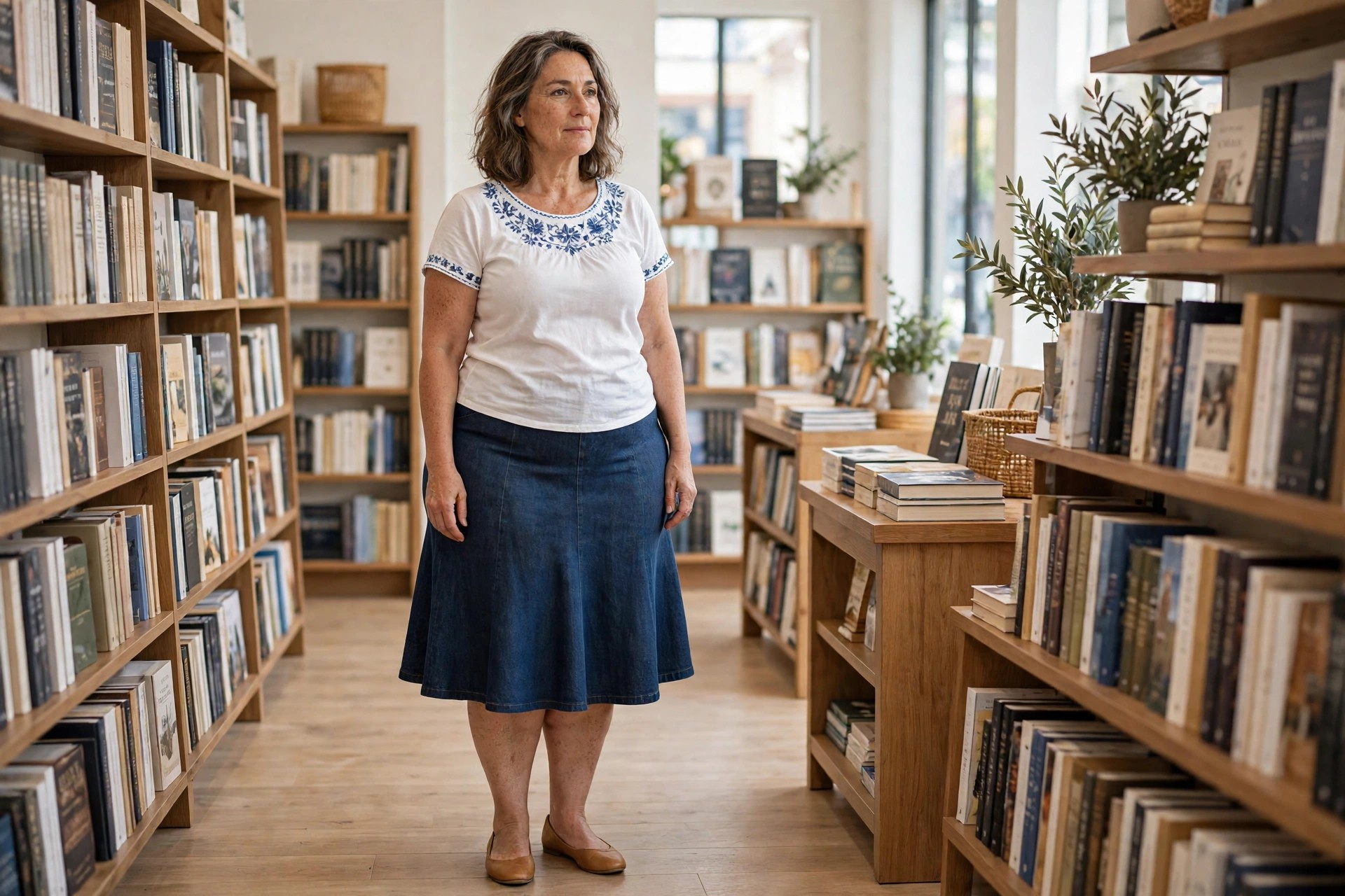 Woman wearing a white top with blue embroidery at the neckline, a dark denim A-line midi skirt and tan flat shoes in a bookshop