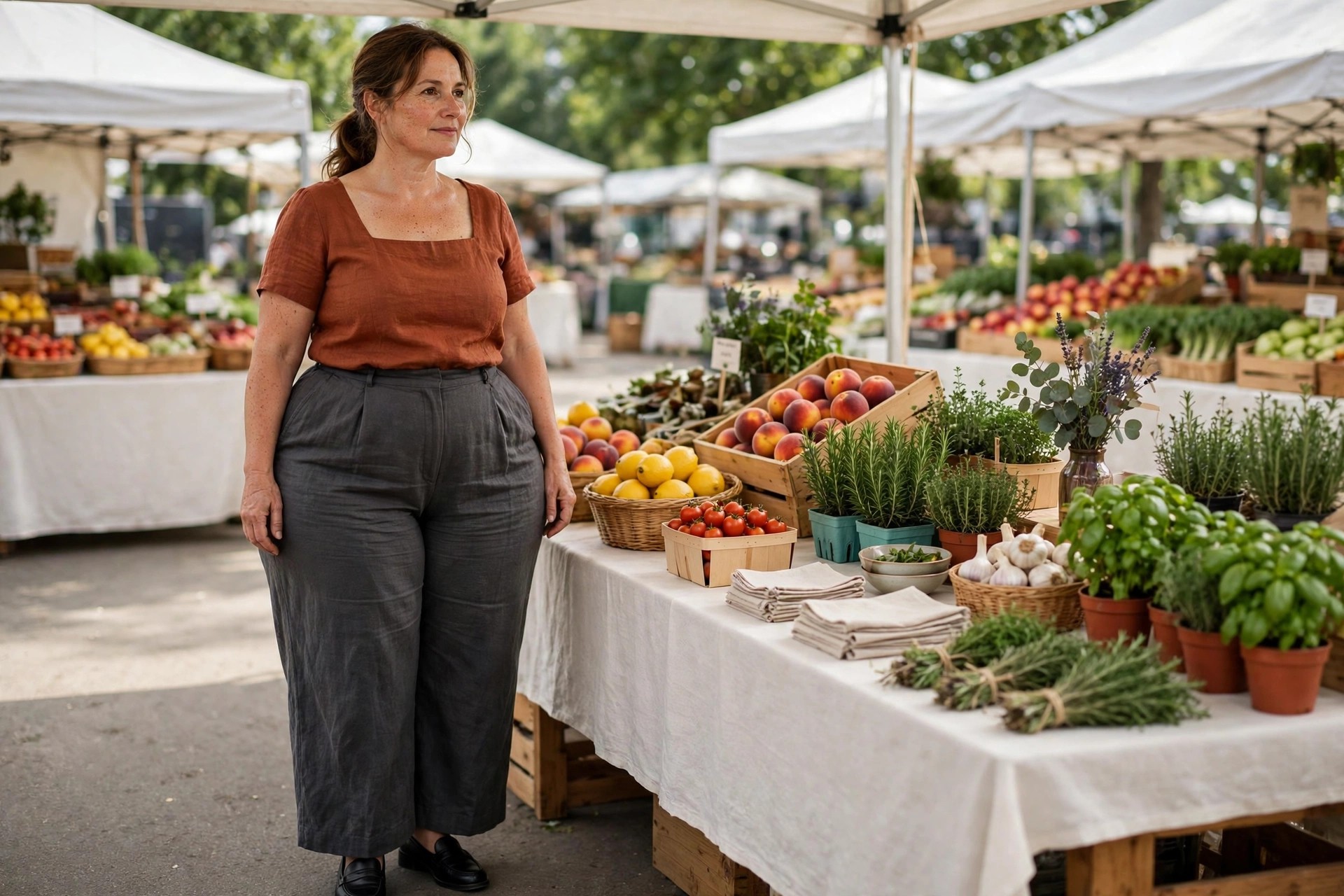 Woman wearing a rust square neck top, charcoal wide leg trousers and black loafers at a farmers market stall