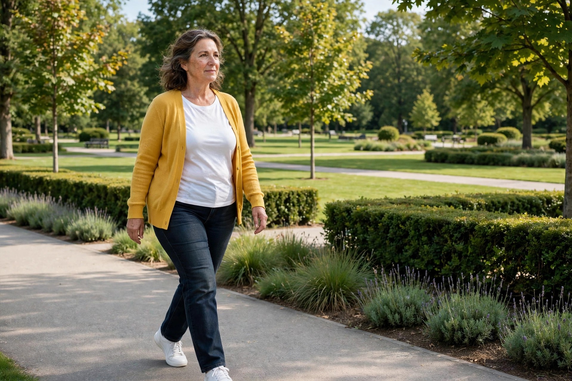 Woman wearing a mustard cardigan open over a white tee, dark straight jeans and white sneakers on a park path