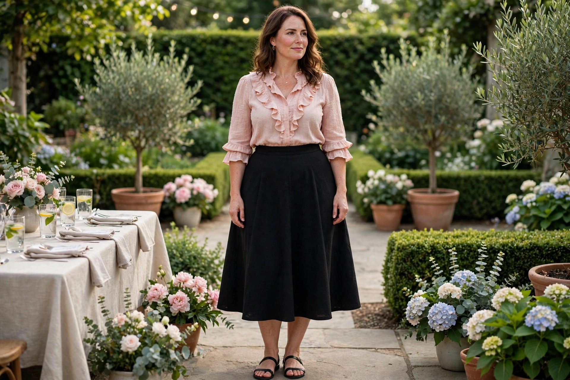 Woman wearing a blush pink ruffle blouse, a black A-line midi skirt and black flat sandals at a garden party