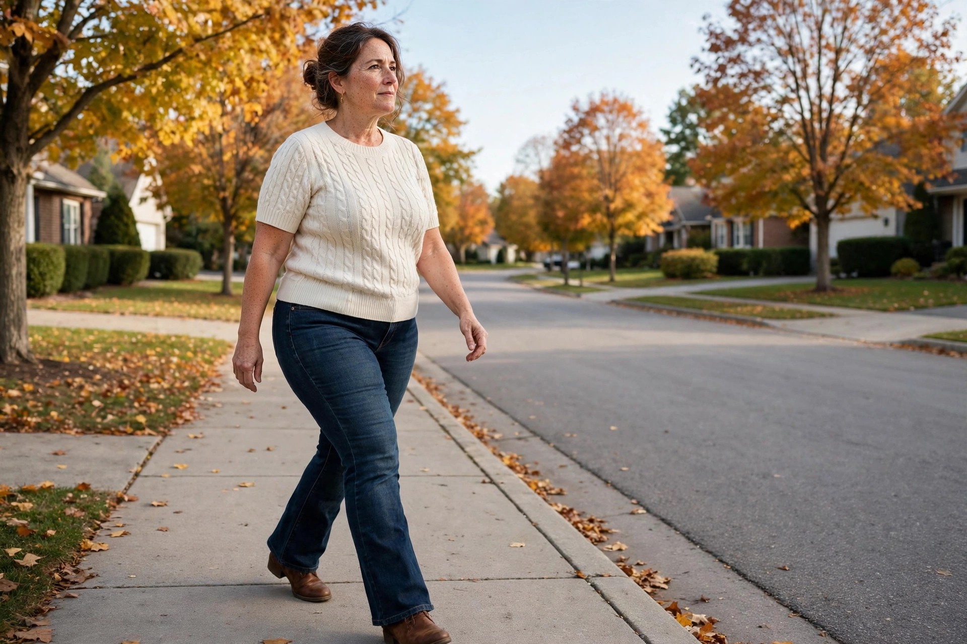 Woman wearing a cream cable knit short sleeve top, dark bootcut jeans and brown ankle boots on a fall street