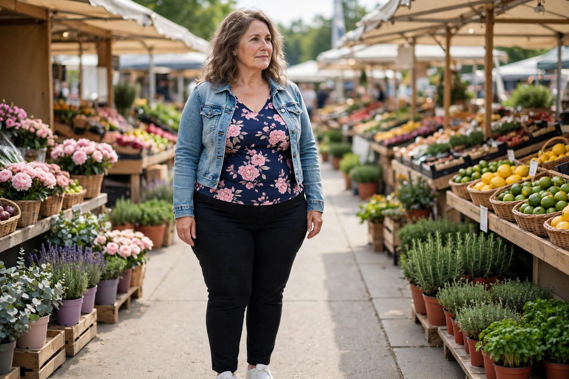 Woman wearing a navy and pink floral top, black slim pants, a cropped light wash denim jacket and white sneakers at an outdoor market