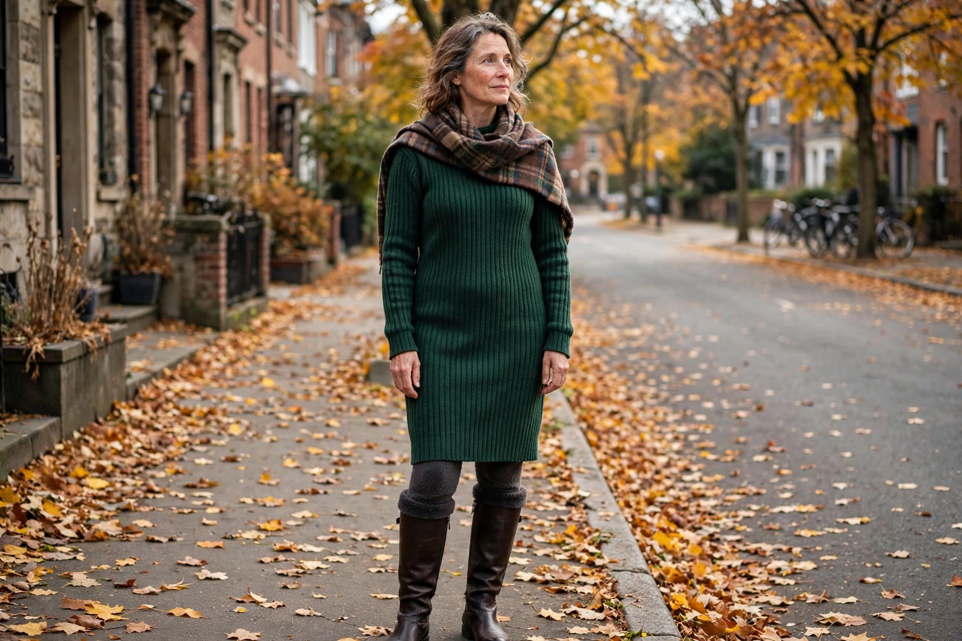 Woman wearing a knit sweater dress with knee boots and a wool scarf on a leaf covered street