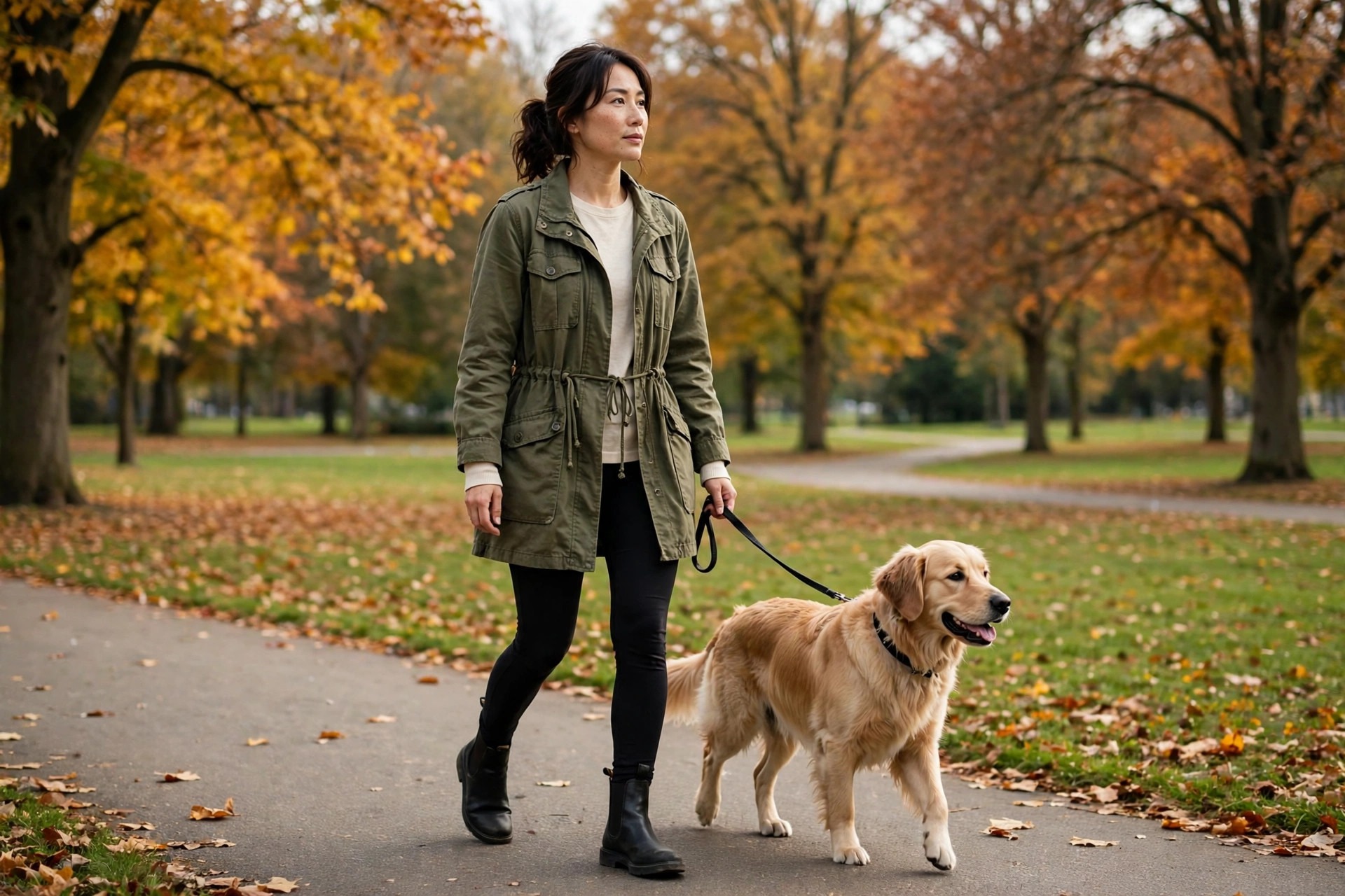 Woman wearing an olive utility jacket with black leggings and Chelsea boots on a park path