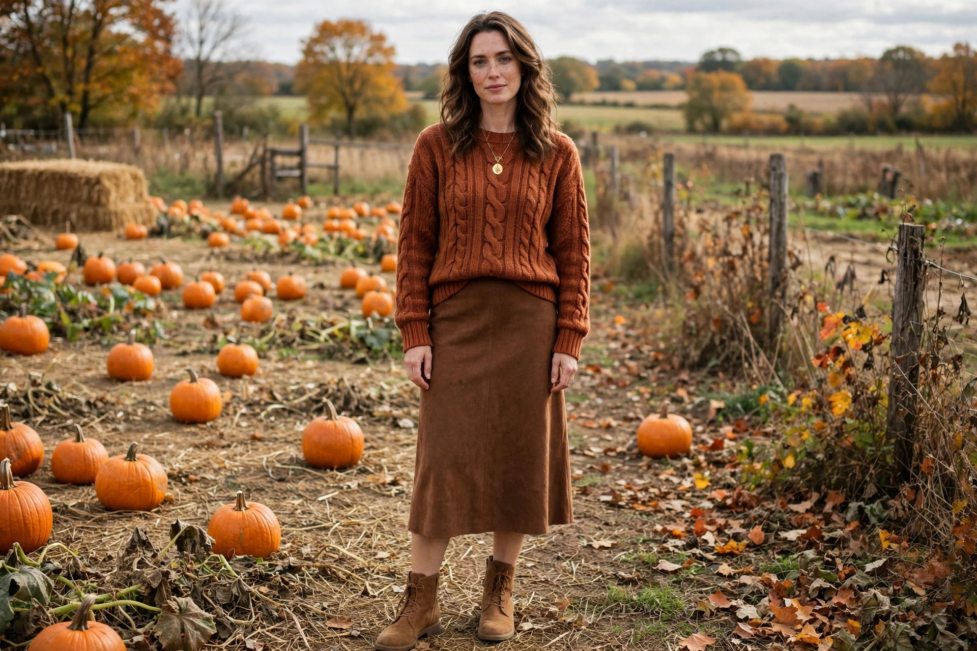 Woman wearing a rust cable knit sweater with a brown midi skirt and ankle boots at a pumpkin patch