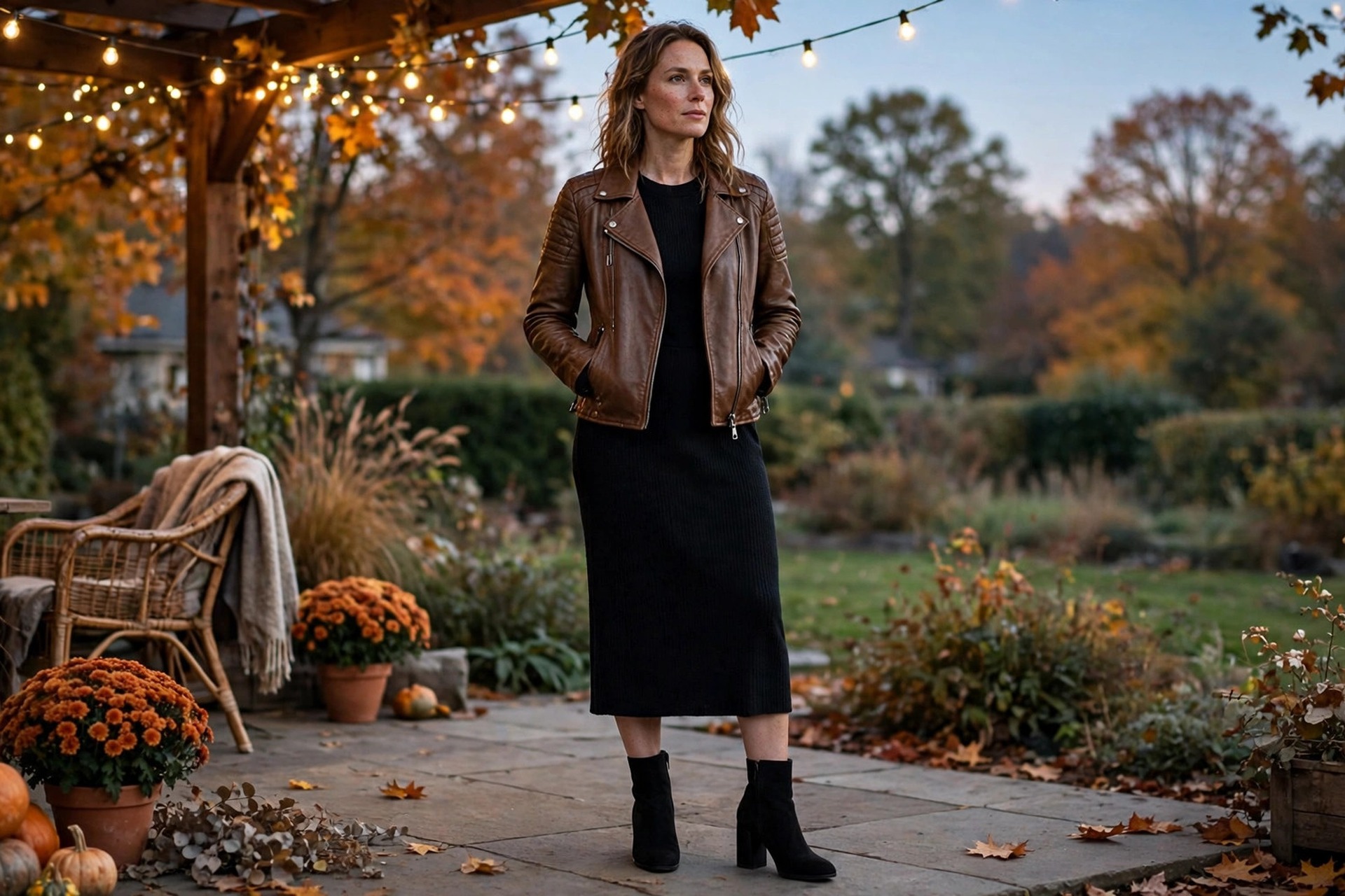 Woman wearing a brown moto jacket over a knit dress with ankle boots on a fall street