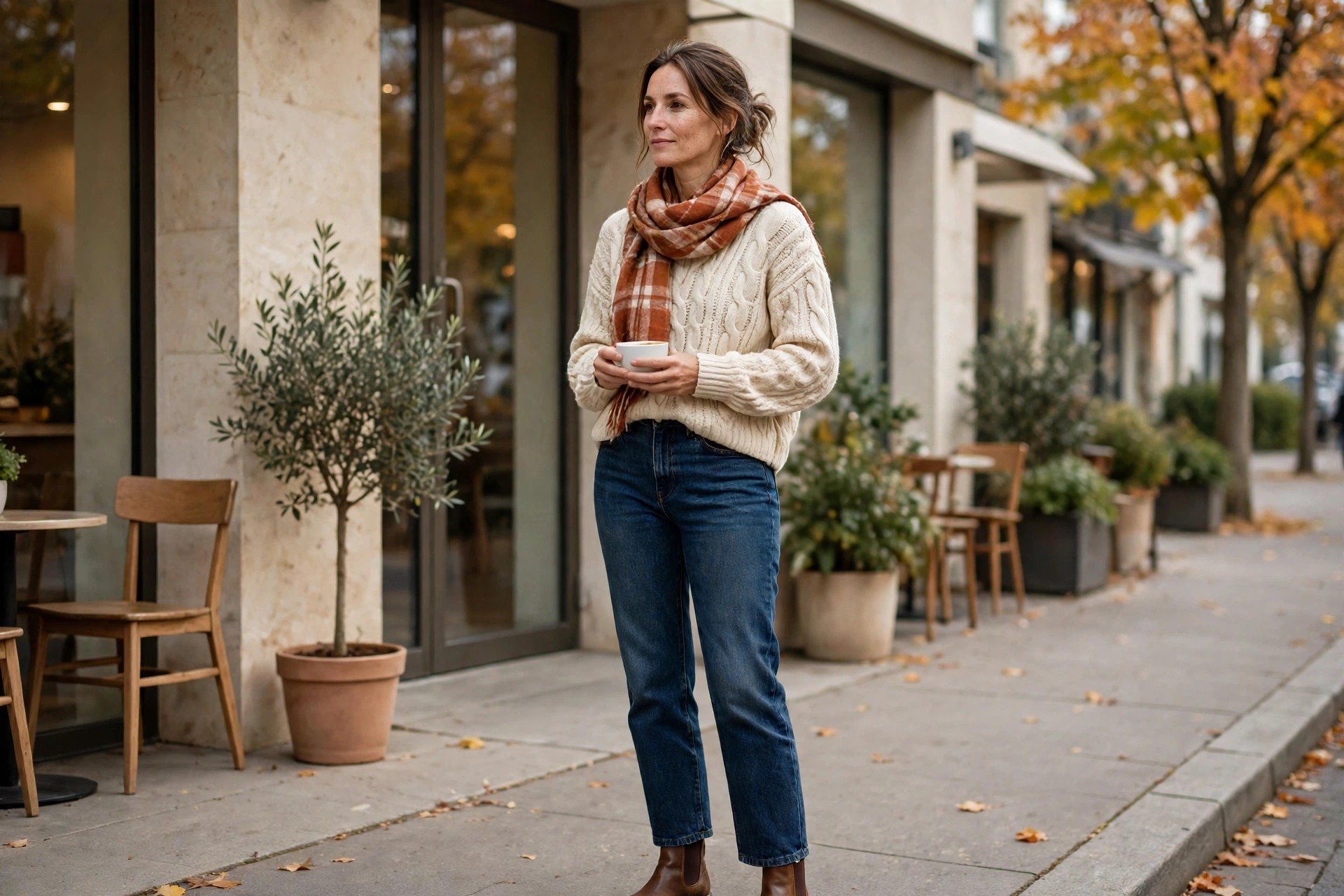 Woman in dark jeans, a cream cable sweater, and Chelsea boots at a cafe table with a coffee cup.