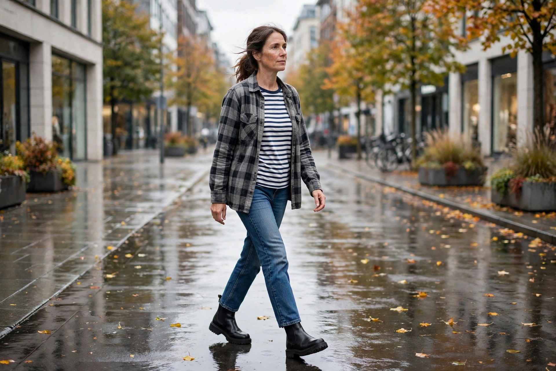 Woman in medium wash jeans, a striped tee, a plaid shacket, and black lug-sole Chelsea boots on an autumn street.