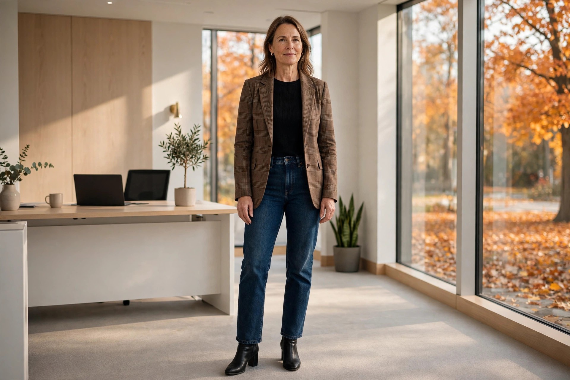 Woman in dark jeans, a black knit top, a brown plaid blazer, and black heeled ankle boots outside an office.