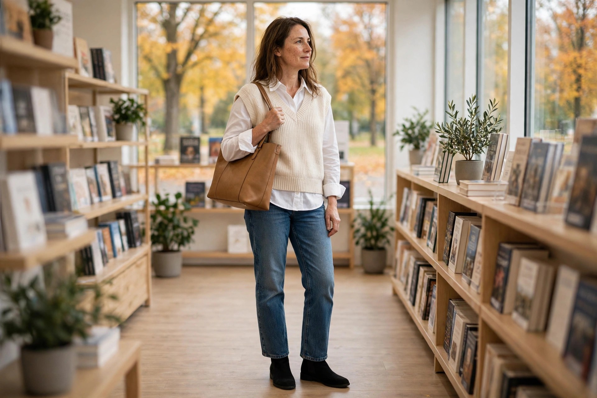 Woman in medium wash jeans, a white button shirt, a cream sweater vest, and black ankle boots in a bookshop.