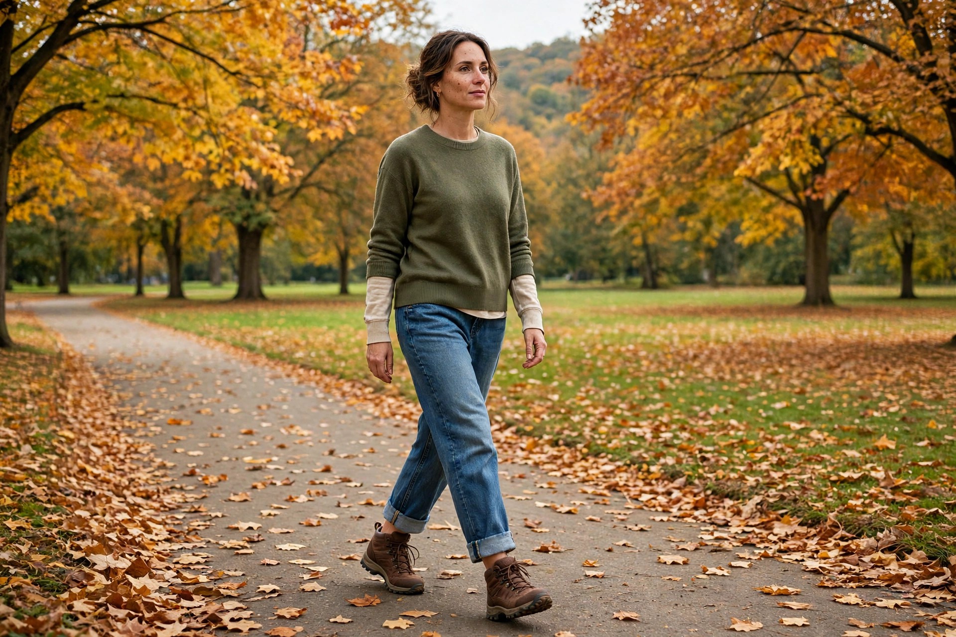 Woman in cuffed boyfriend jeans, an olive crew sweater over a long sleeve tee, and brown hiking-style ankle boots on a park path.